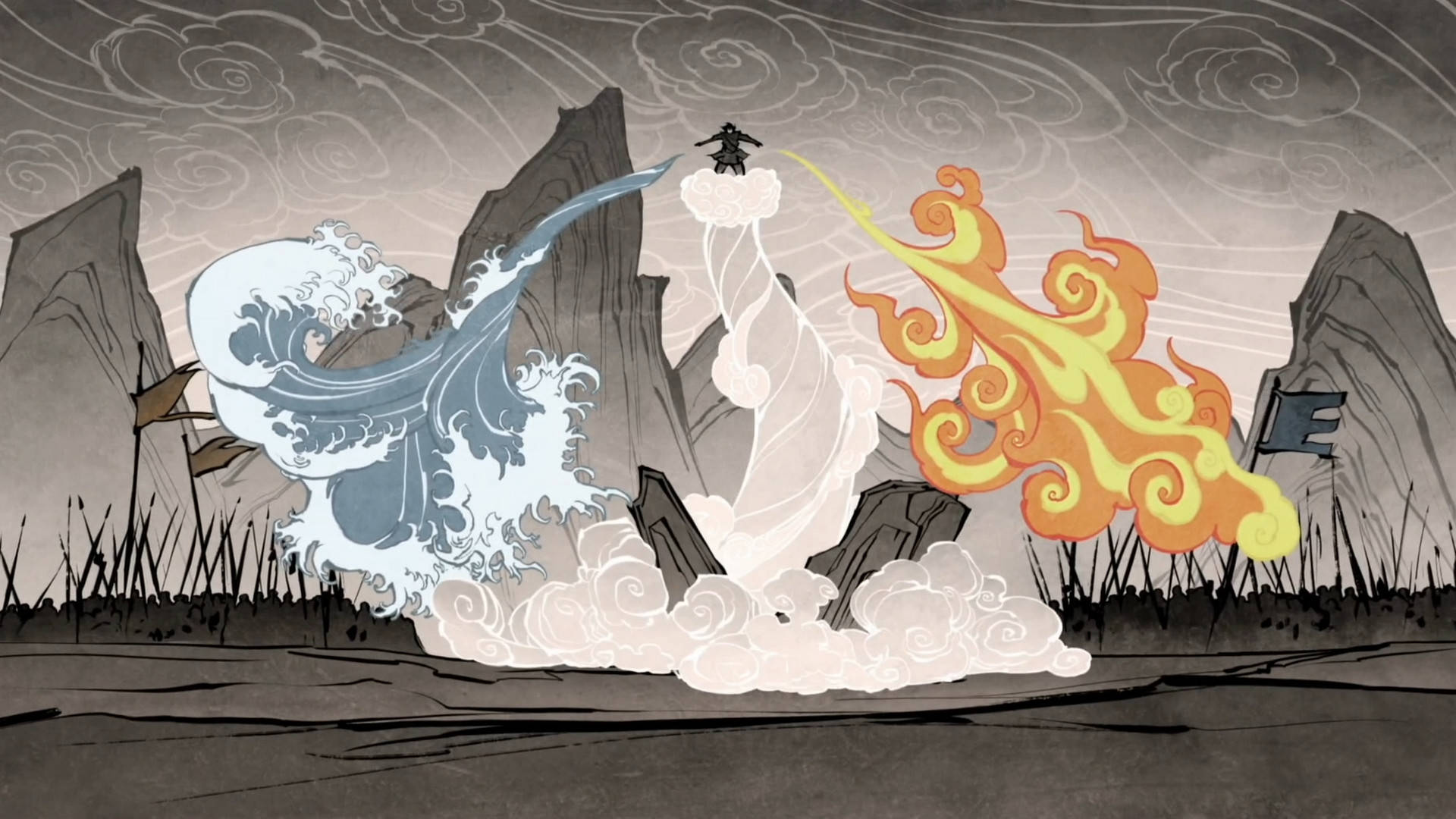 Korra 桌布 壁紙 — 一位孤獨的戰士站在雲端，揮舞著一把劍，將藍色的波浪與熾熱的橙色火焰分開，背景是暴風雨的灰色天空。