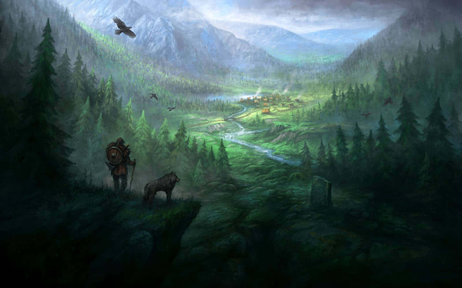Norse Mythology 桌布 壁紙 — 一位孤獨的戰士與狼同伴俯瞰著霧氣瀰漫的山谷，遠處的村莊坐落在高聳的松林和群山之間。