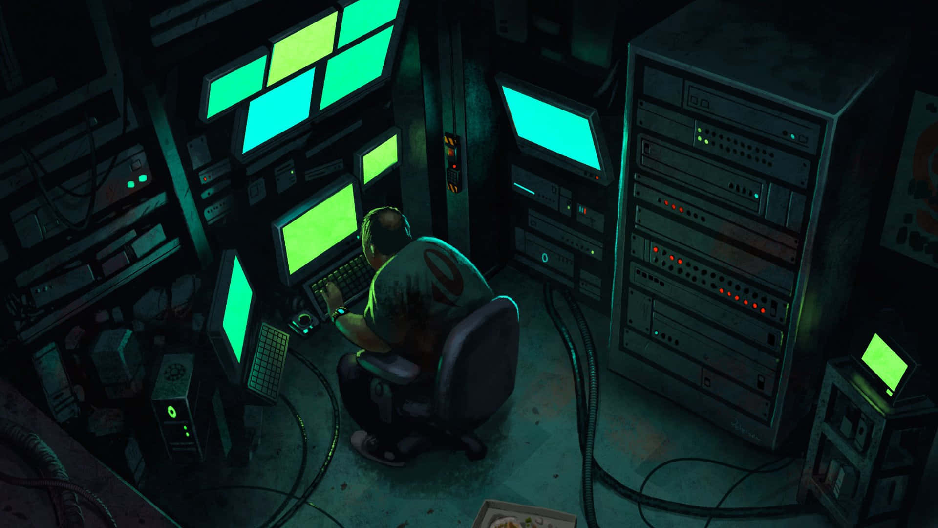 computers 桌布 壁紙 — 一位孤獨的技術人員在昏暗的伺服器機房中，被多個顯示器和閃爍的伺服器燈發出的詭異綠光所籠罩。
