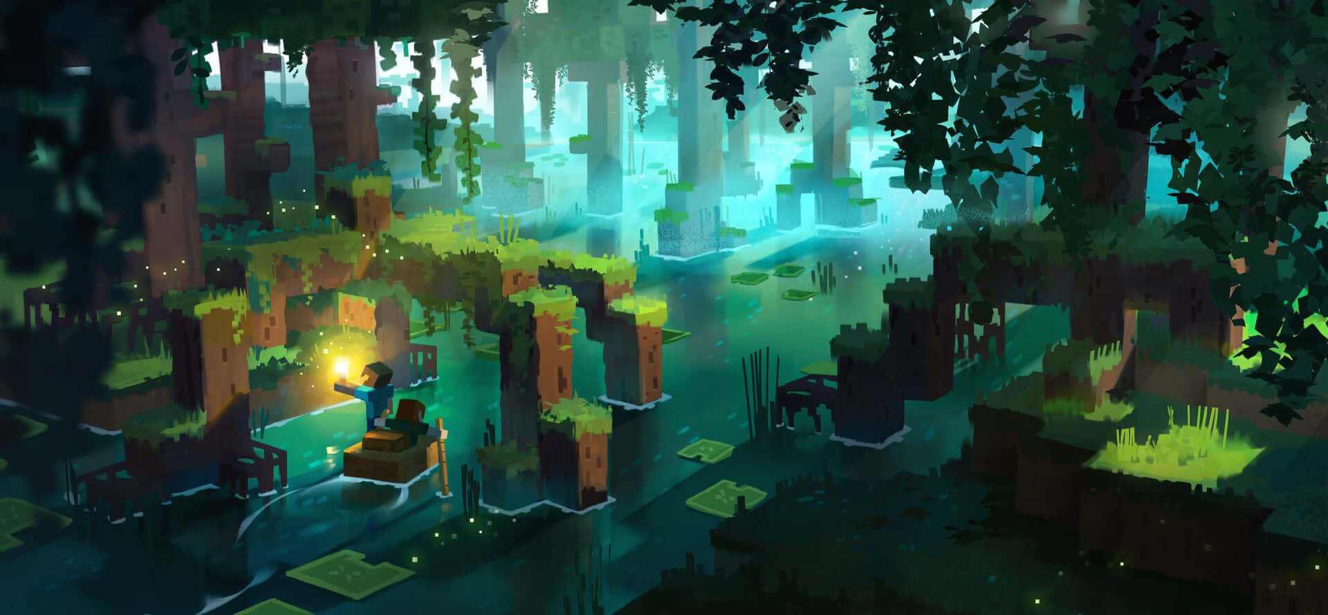 Minecraft Art 桌布 壁紙 — 一位孤獨的探險家拿著發光的燈籠，在霧氣籠罩的樹冠下，穿越一個神秘、方塊狀的叢林，那裡有發光的植物和高聳的樹木。