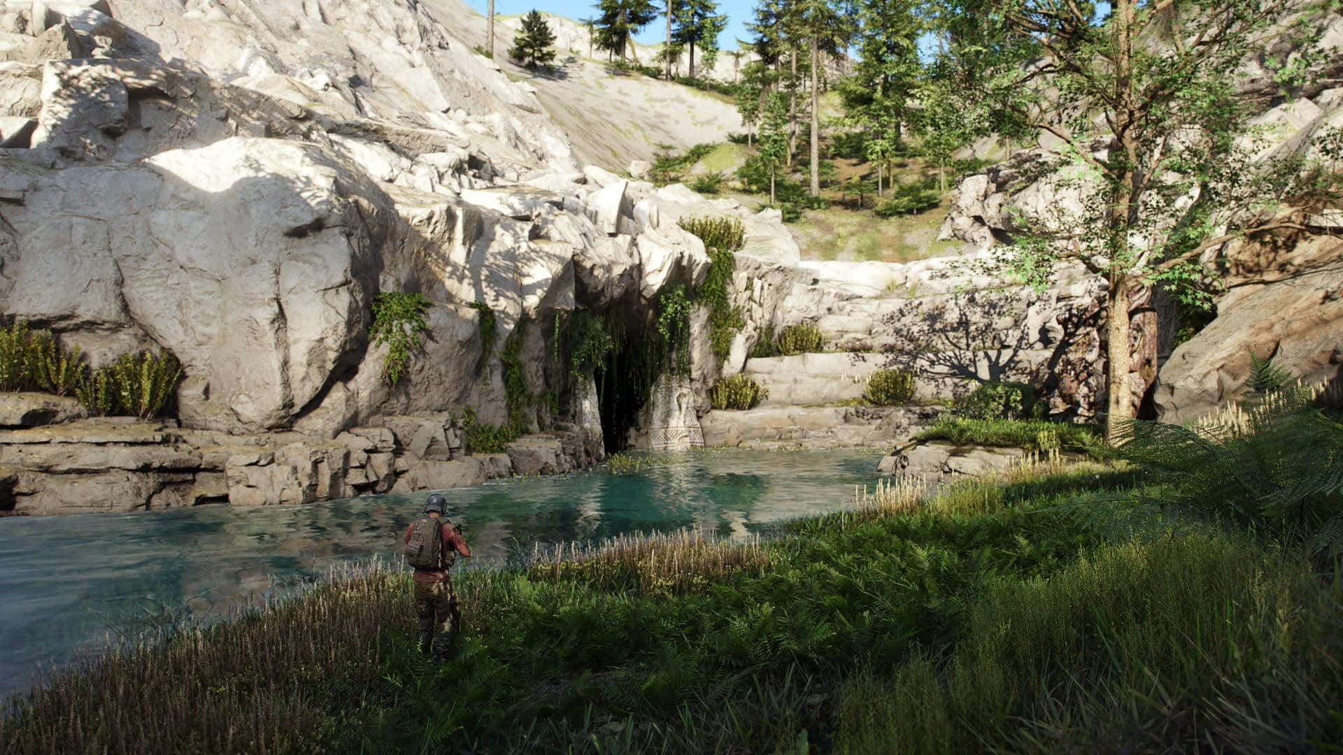 tom clancy's ghost recon wildlands 桌布 壁紙 — 一位孤獨的探險家站在一個清澈見底的水池邊，水池坐落在一個岩石森林山谷中，沐浴在明亮的日光下。