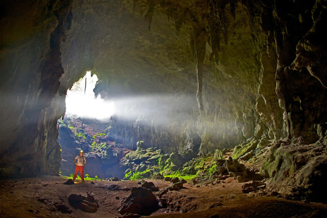 Cave 桌布 壁紙 — 一位孤獨的探險家站在廣闊的洞穴中，敬畏地看著陽光穿過洞口，照亮了霧氣和長滿苔蘚的岩石。