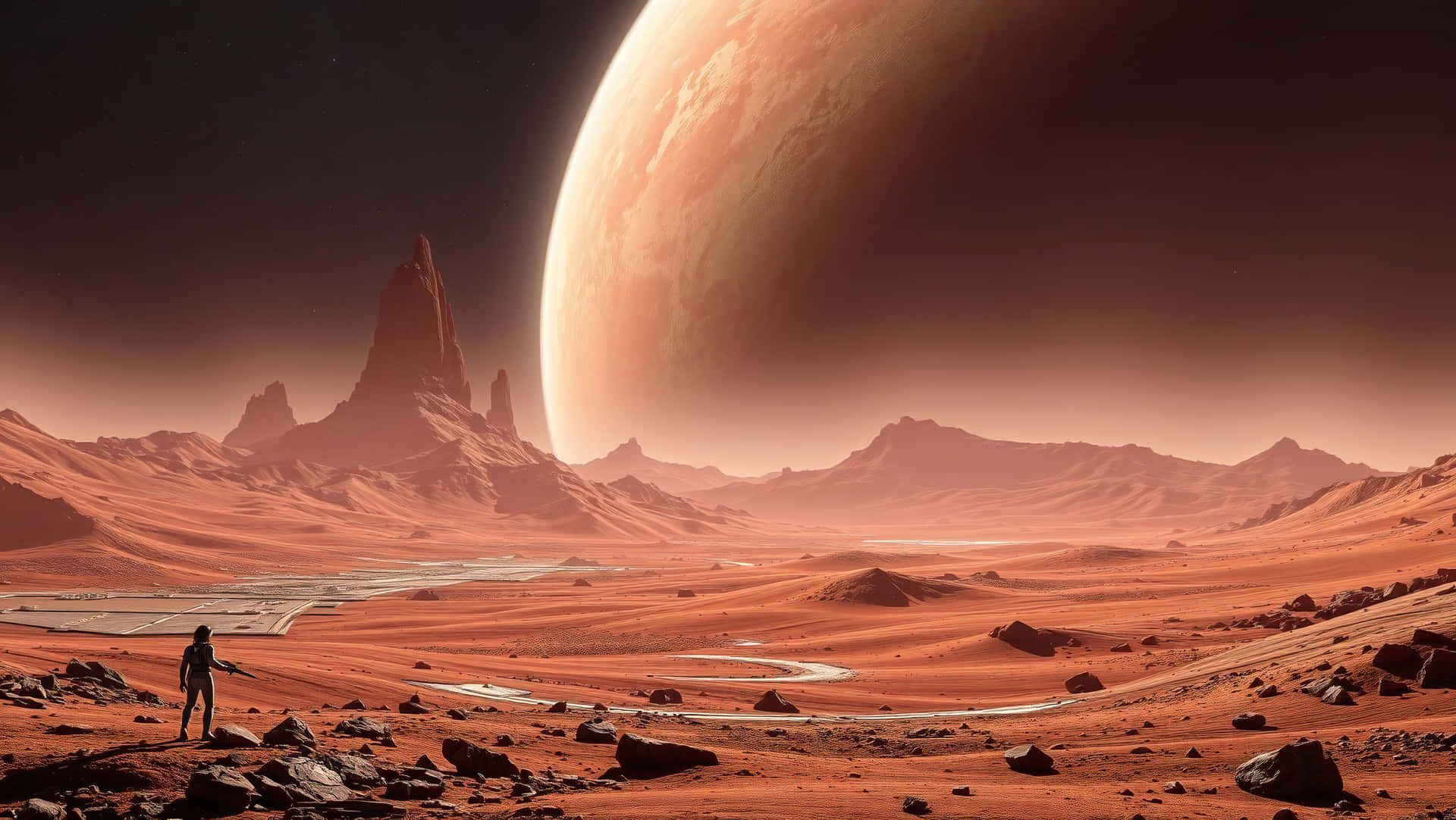 mars 壁紙 — 一位孤獨的探險家站在廣闊的紅色外星沙漠上，一顆巨大的橙色行星投下長長的陰影，覆蓋著鋸齒狀的岩石 formations 和蜿蜒的河床。