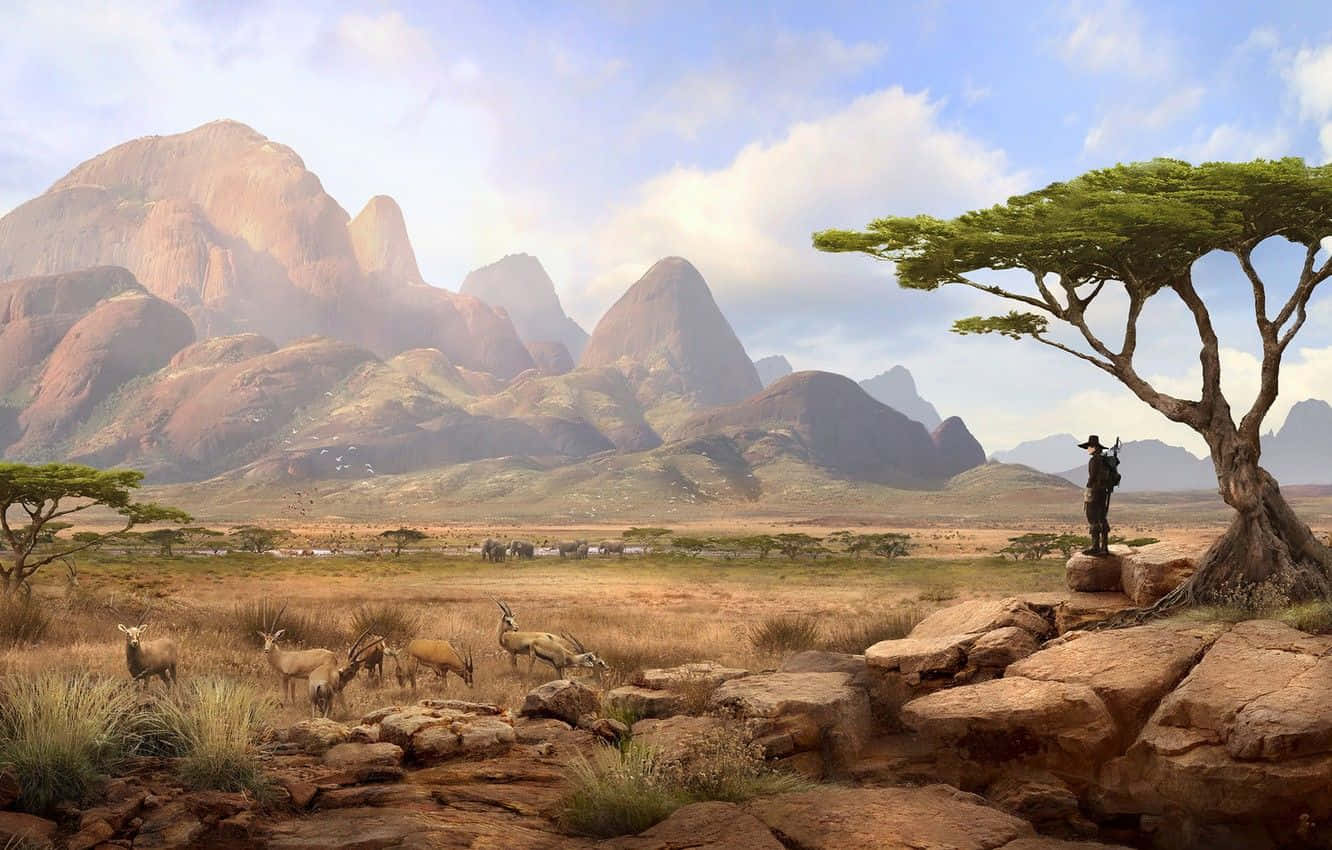 African Landscapes 桌布 壁紙 — 一位孤獨的探險家站在廣闊的金合歡樹下的岩石上，一群羚羊在金色大草原上吃草，背後是高聳的紅色山脈。