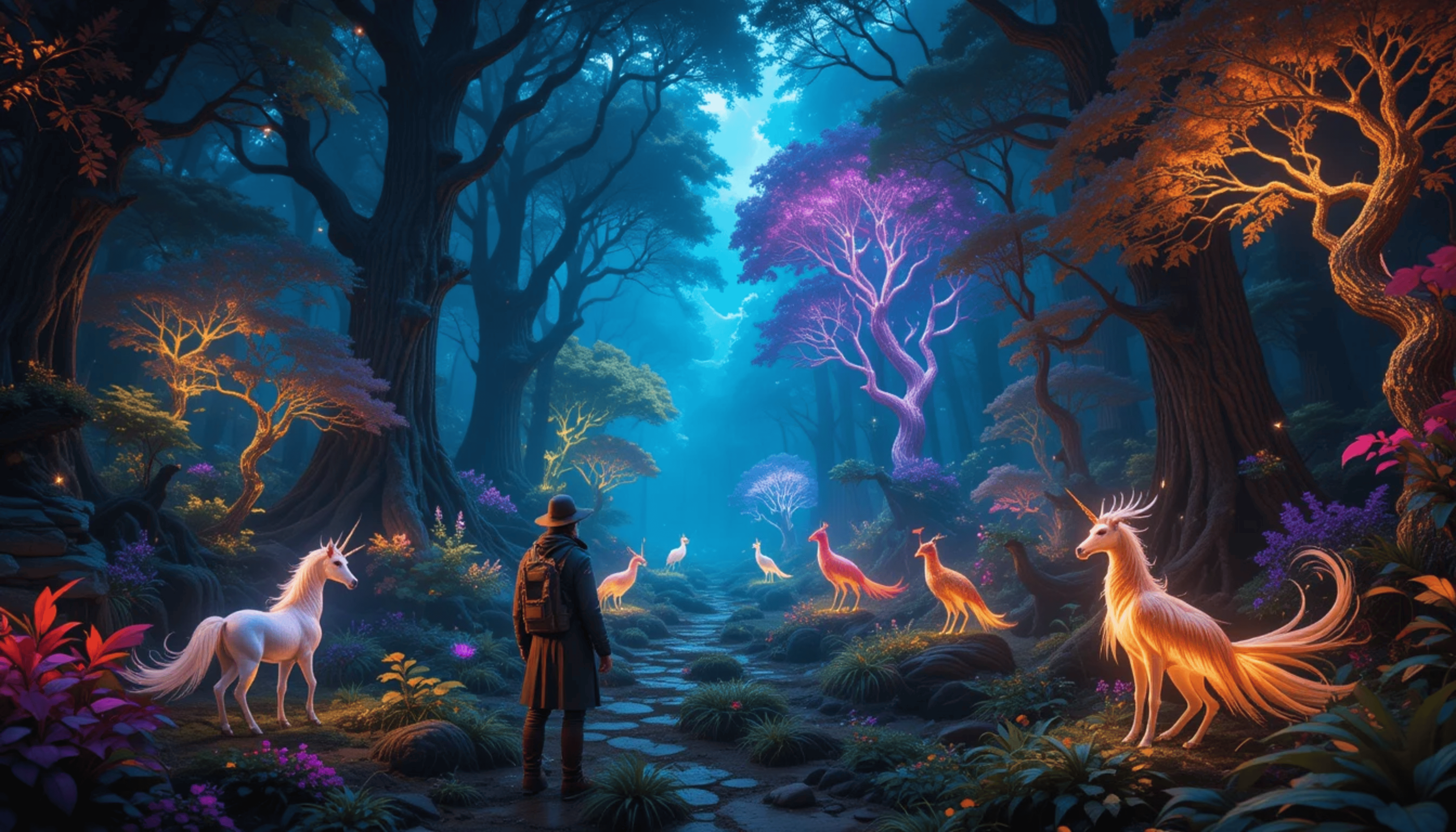 Fantasy Aesthetic 桌布 壁紙 — 一位孤獨的探險家走在神秘森林小徑上，兩旁是發光的獨角獸和魔法樹木，天空暮色蒼茫。