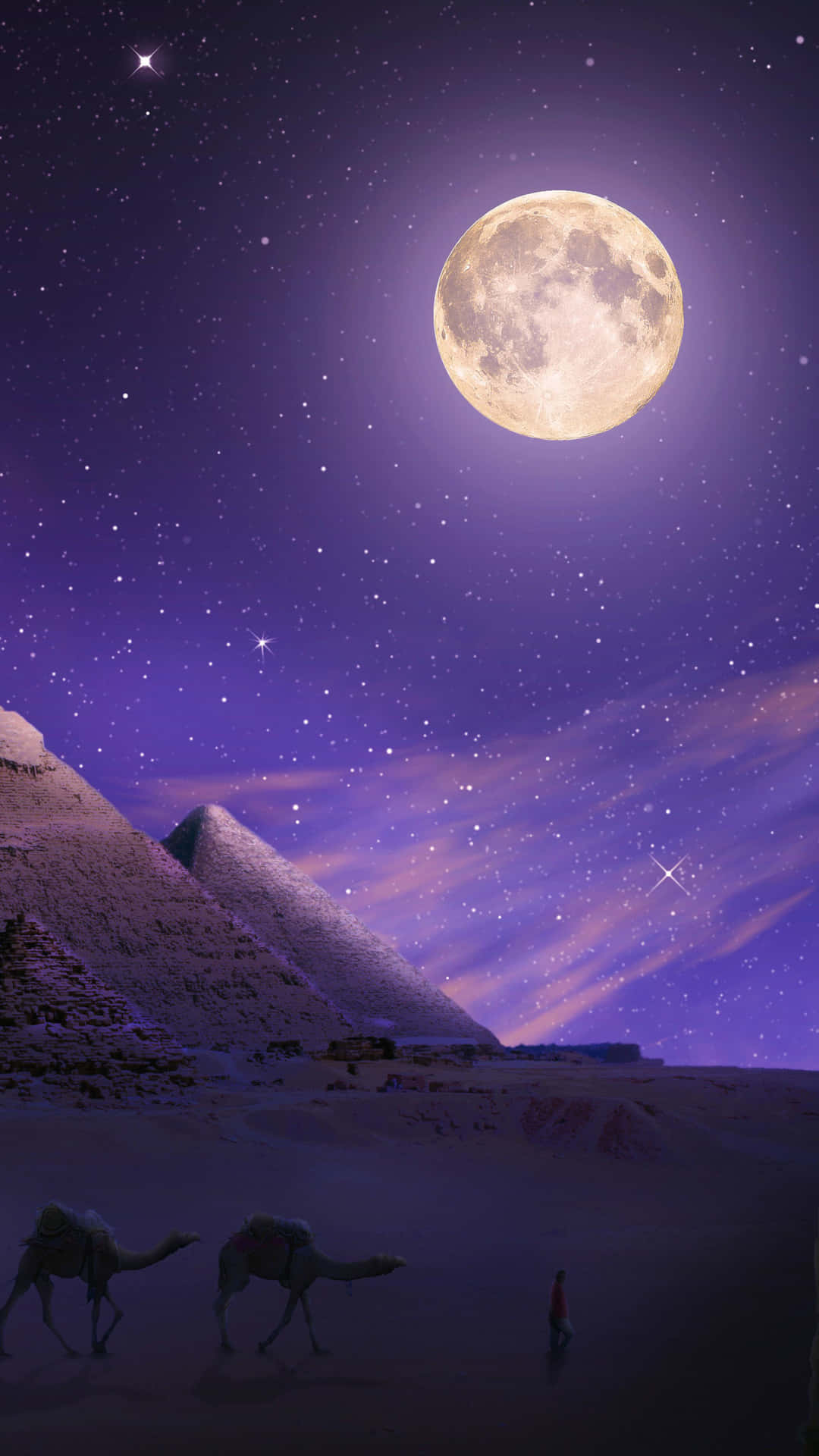 Moon Aesthetic 桌布 壁紙 — 一位孤獨的旅人和兩隻駱駝在巨大的月亮和繁星點點的紫色天空下，穿越雪覆蓋的沙漠。