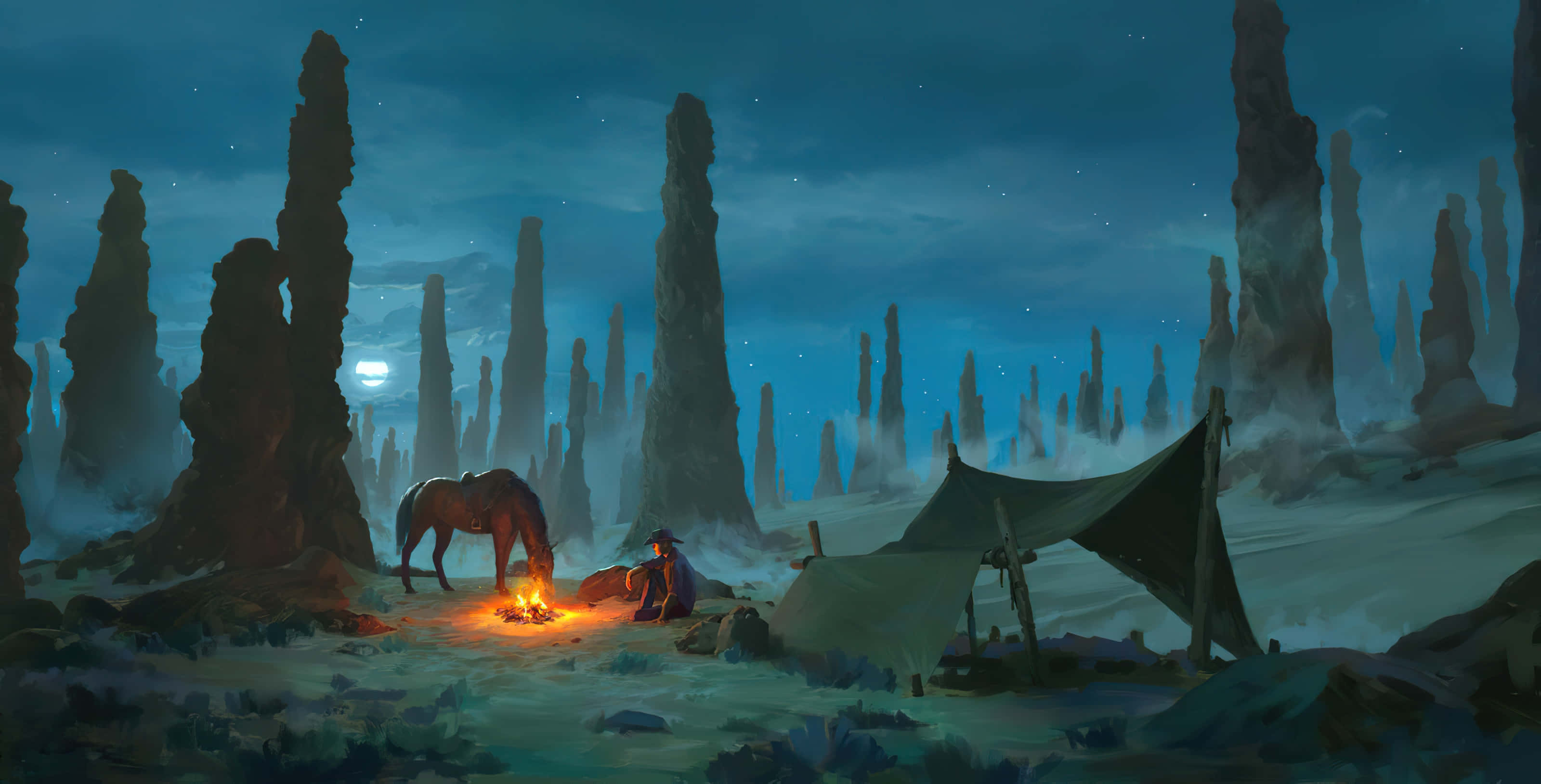 Animated 桌布 壁紙 — 一位孤獨的旅人和馬匹在星空下的營火旁休息，周圍是高聳的岩石尖塔。