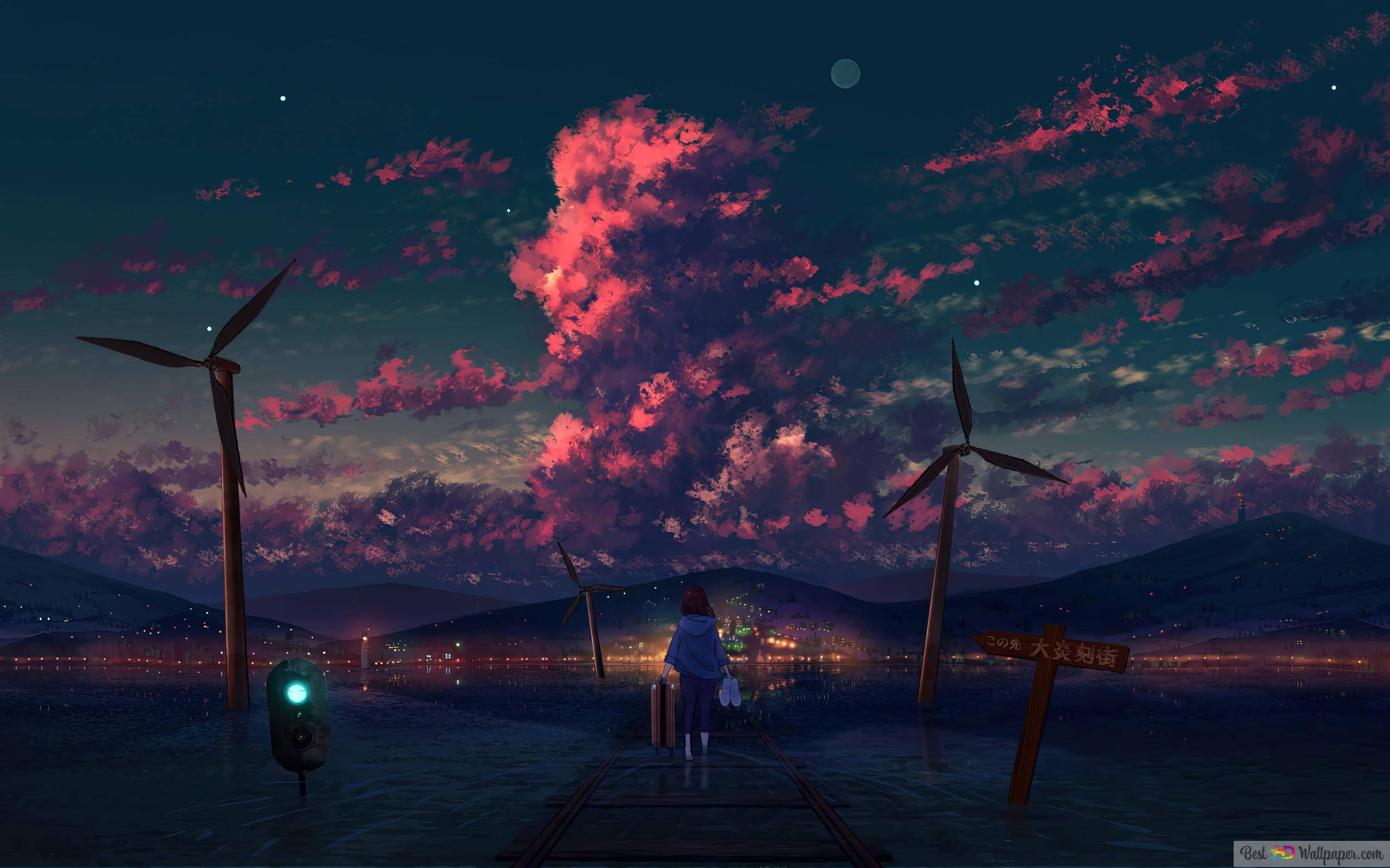 Anime Scenery 4K 桌布 壁紙 — 一位孤獨的旅人在暮色中沿著鐵路軌道行走，天空被鮮豔的粉紅雲彩和發光的風力渦輪機點綴。