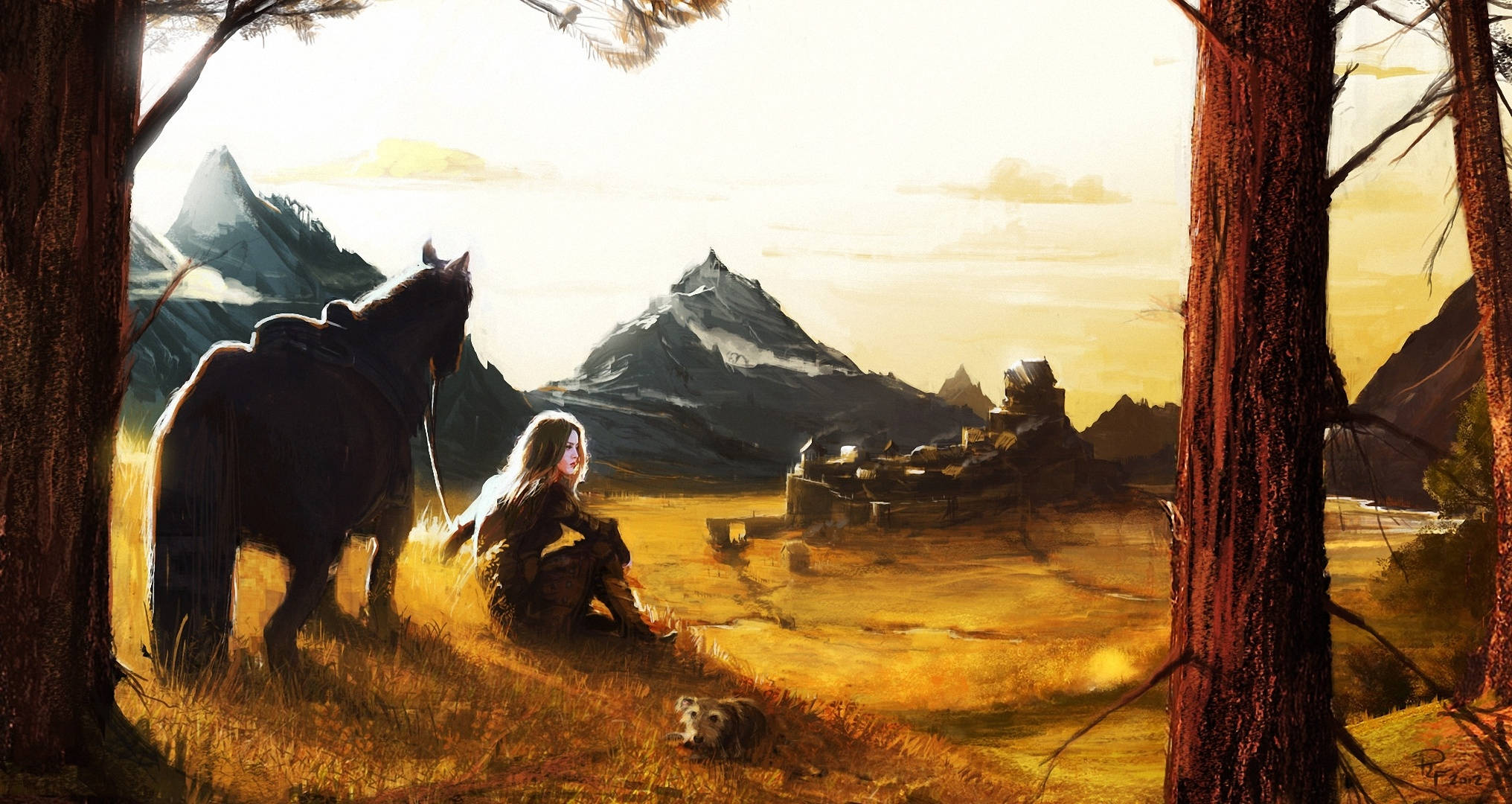 Greedfall 桌布 壁紙 — 一位孤獨的旅人與馬在金色森林空地休息，俯瞰著日落時分的雪山和遠處的廢墟。
