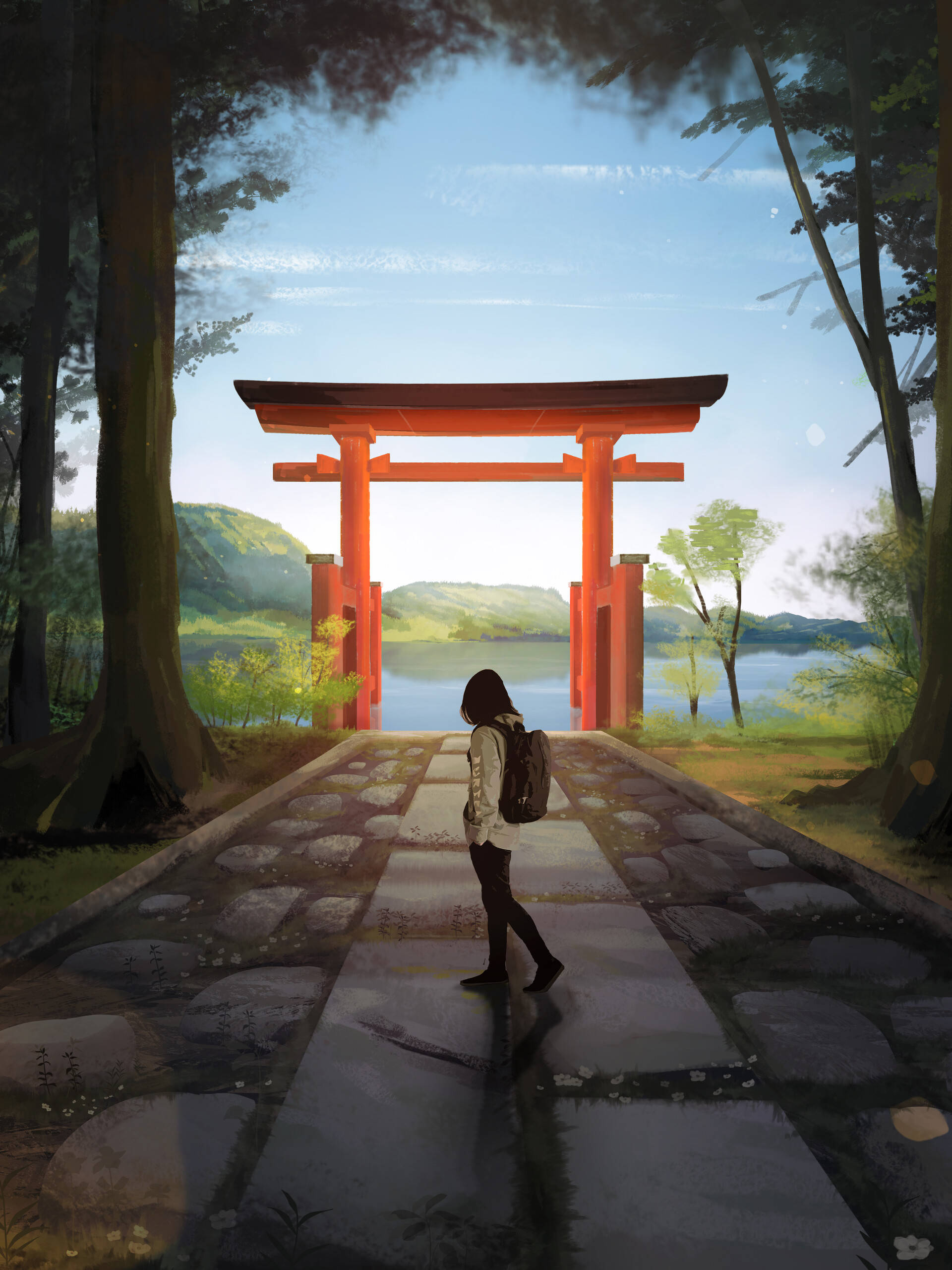 Torii 桌布 壁紙 — 一位孤獨的旅人走向一座鮮紅色的鳥居，周圍是古老的樹木和寧靜的湖泊，天空清澈湛藍。