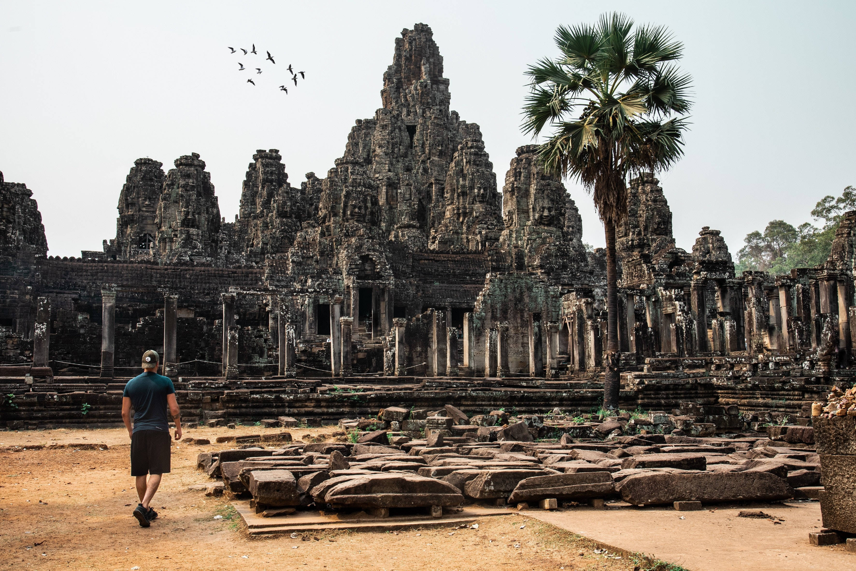 Cambodia 桌布 壁紙 — 一位孤獨的旅人走向吳哥窟的古老石造遺跡，蒼白的天空中有鳥兒飛翔。