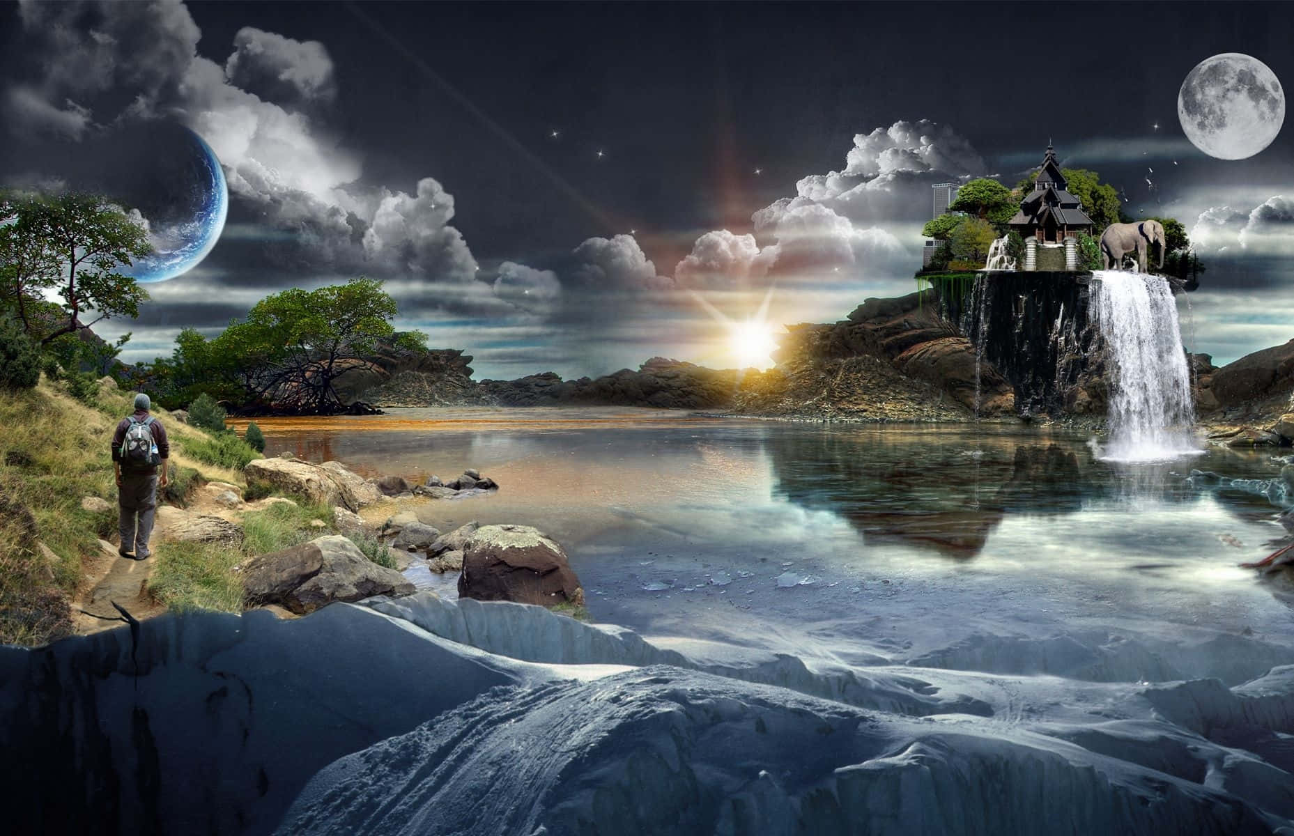 Dark Surrealism 桌布 壁紙 — 一位孤獨的旅人走向從漂浮寺廟傾瀉而下的神秘瀑布，天空暮色中有雙月和遙遠的行星。