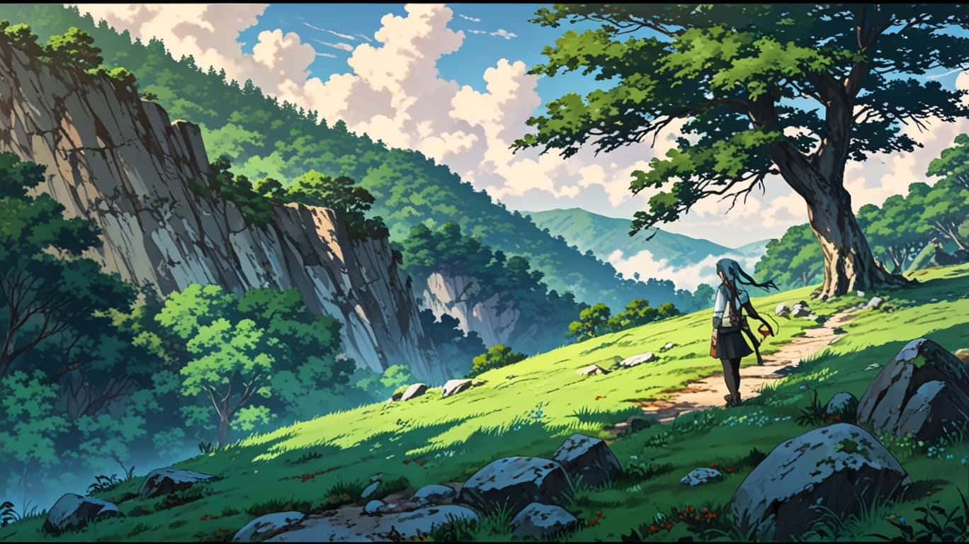 A soft tree standing in the wind 壁紙 — 一位孤獨的旅行者，長長的藍色頭髮，在陽光明媚的草地上沿著一條蜿蜒的小路走著，頭頂是枝葉繁茂的大樹，背景是薄霧籠罩的綠色山脈和岩石峭壁，天空多雲。