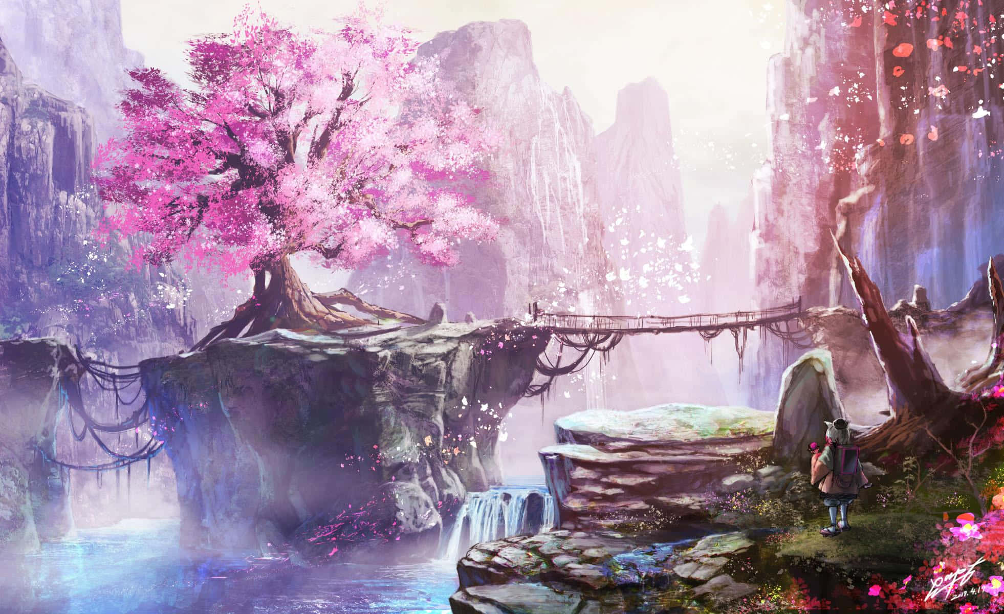 Cute Aesthetic Anime Desktop 桌布 壁紙 — 一位孤獨的旅行者凝視著一棵鮮豔的粉紅櫻花樹，它棲息在懸崖邊，俯瞰著霧氣繚繞的瀑布和石橋。