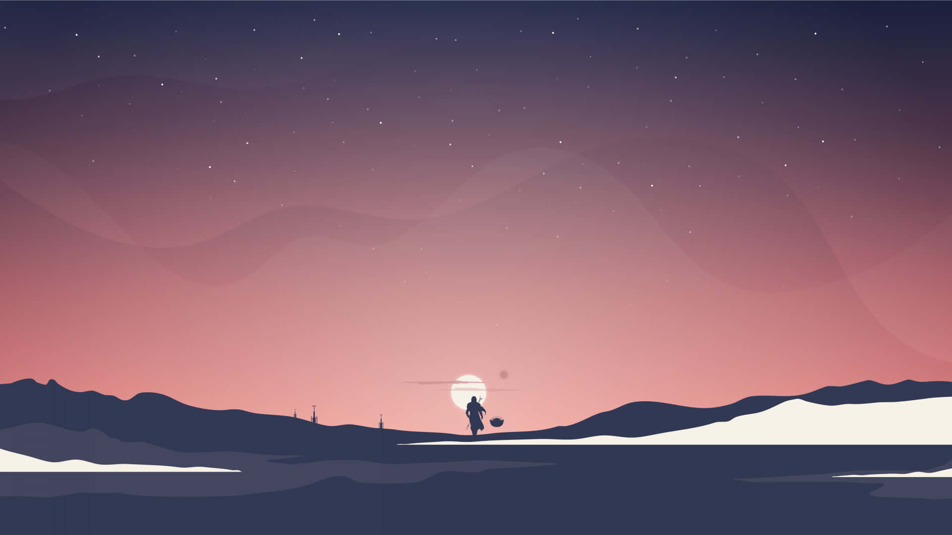 1920X1080 桌布 壁紙 — 一位孤獨的旅行者在星光燦爛的黃昏天空下，走過雪覆蓋的沙漠，月亮發光。