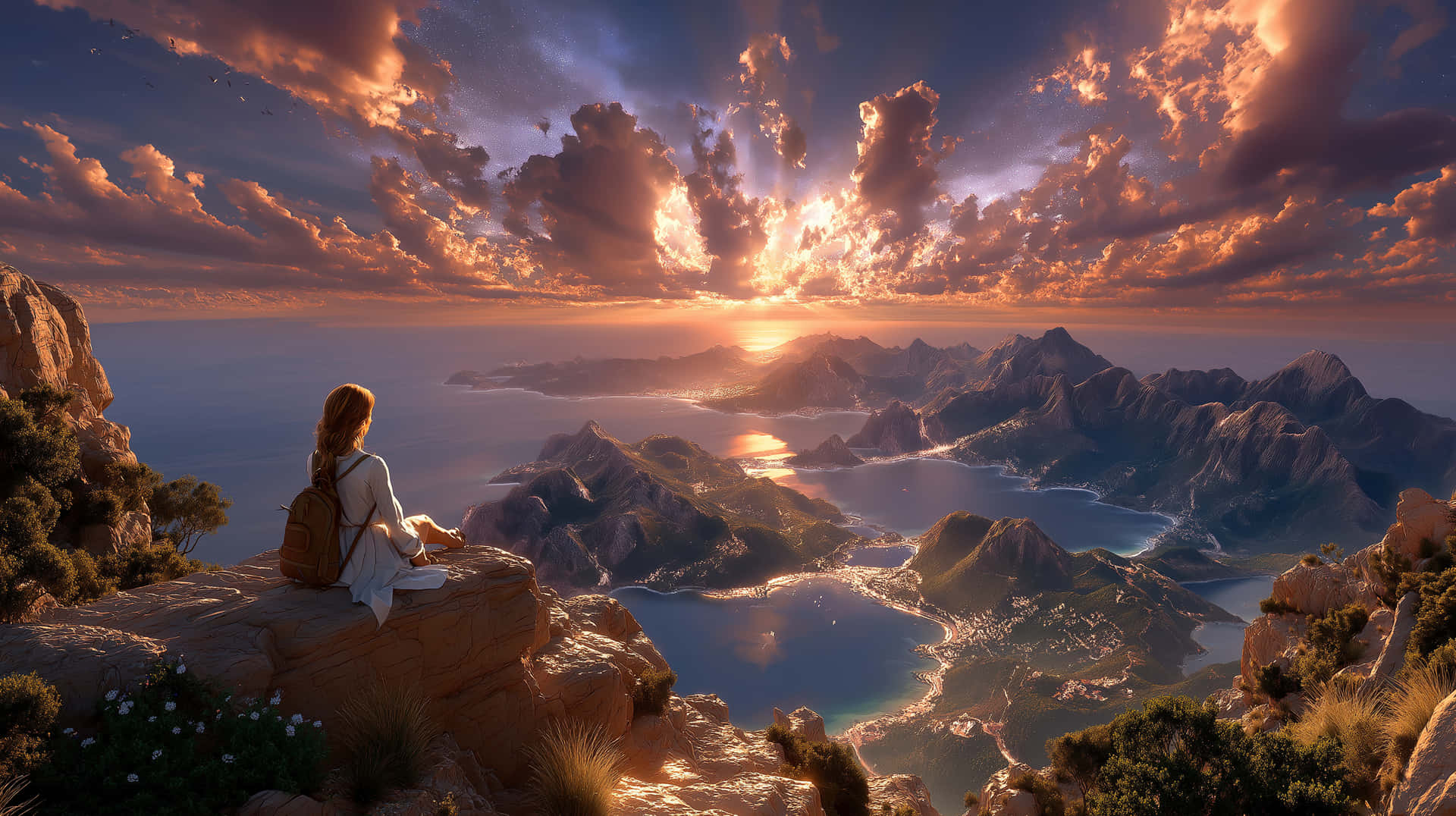Traveler Overlooking Majestic Sunset Coastal Landscape 壁紙 — 一位孤獨的旅行者坐在懸崖頂上，俯瞰著陽光明媚的海岸山谷，山谷中有鋸齒狀的山脈和發光的水域，天空是戲劇性的日落。