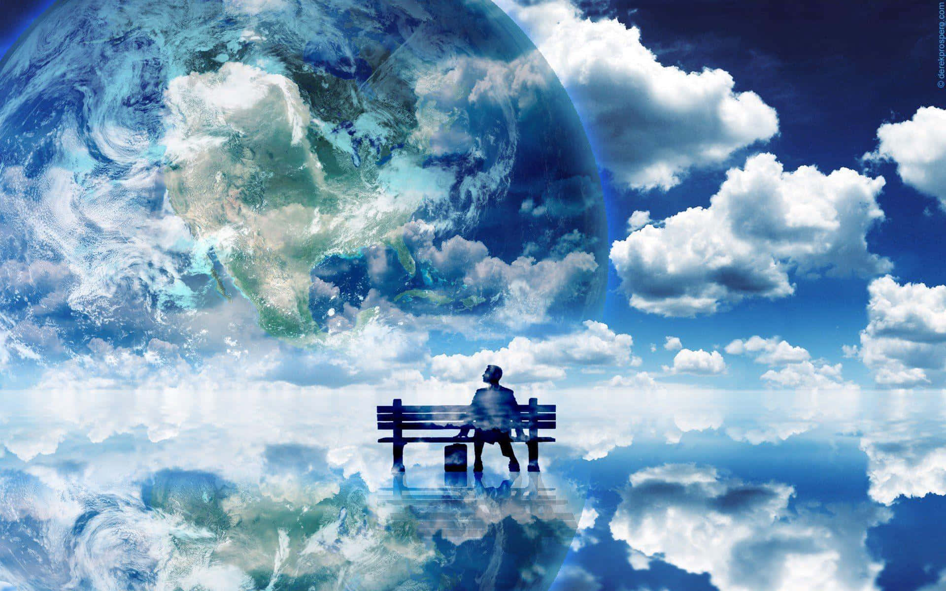 Clouds Aesthetics 桌布 壁紙 — 一位孤獨的旅行者坐在漂浮在雲端之上的長椅上，地球在天空中顯得巨大。
