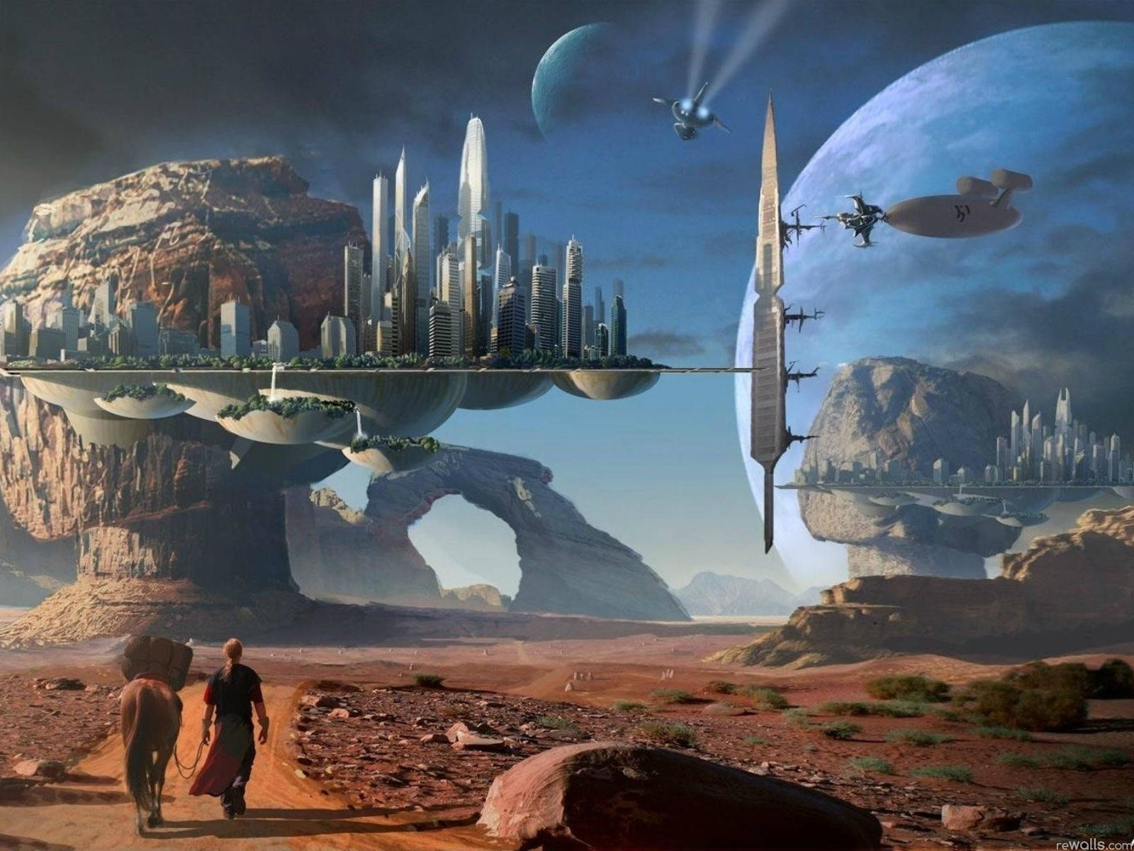 Sci Fi Landscape 桌布 壁紙 — 一位孤獨的旅行者帶著一匹馬，在暮色天空下，朝著漂浮在異星沙漠景觀中的未來城市走去，天空中有月亮和飛行車輛。