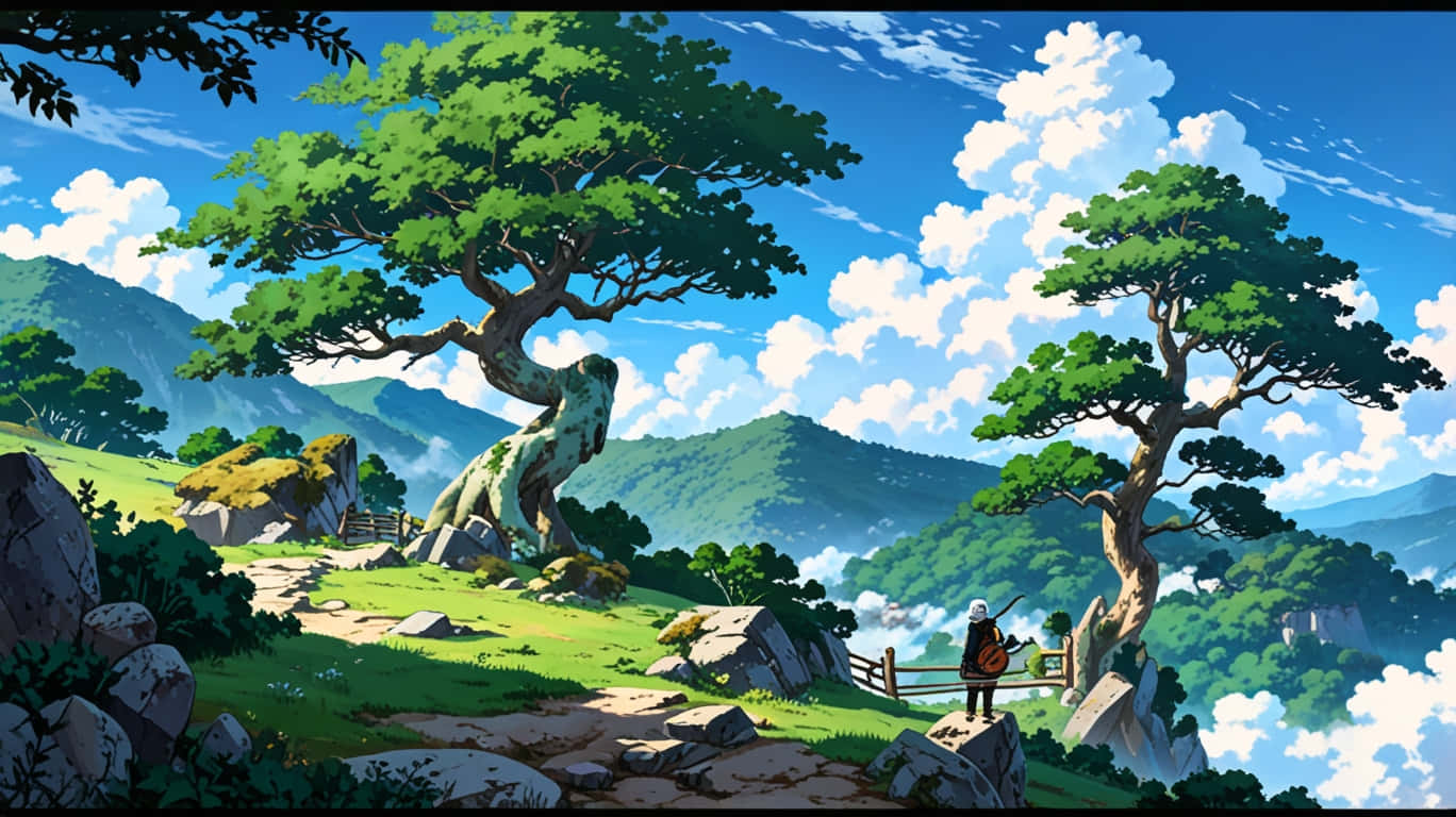 Peaceful spot with full anime energy 壁紙 — 一位孤獨的旅行者站在岩石山坡上，在兩棵雄偉的綠樹下，俯瞰著充滿活力的山谷，遠處有山脈，明亮的藍天上有蓬鬆的雲朵。