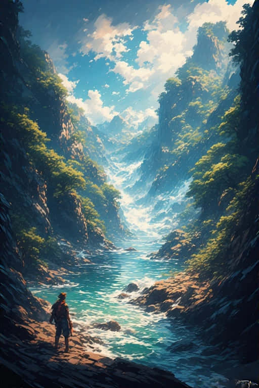 Stunning Sea Anime Realism Precisionist Art 壁紙 — 一位孤獨的旅行者站在岩石河岸上，仰望陽光照耀的峽谷，碧綠色的水流在 towering 綠色懸崖之間流淌。