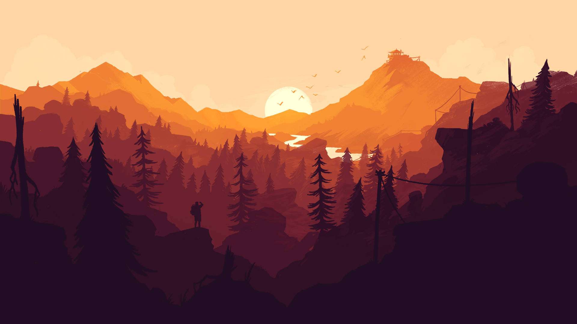 山景 桌布 壁紙 — 一位孤獨的旅行者站在懸崖上，俯瞰日落時分的山谷，溫暖的橙色和紫色色調。