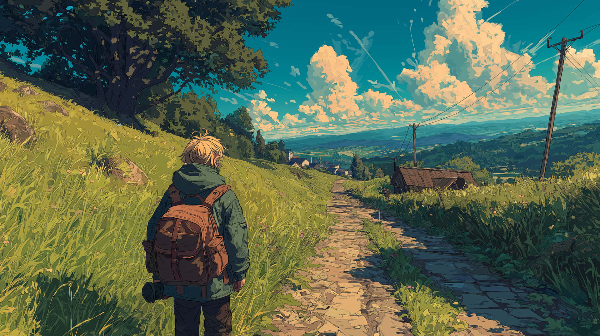 Illustrative Boy's Face in 3/4 View 壁紙 — 一位孤獨的旅行者背著背包，沿著石徑穿過陽光明媚的綠色山丘，走向遠方的村莊，天空湛藍，白雲朵朵。