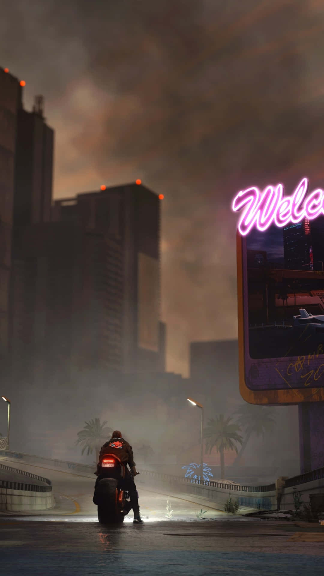 Pixel 3 Cyberpunk 2077 桌布 壁紙 — 一位孤獨的機車騎士在煙霧瀰漫的黃昏天空下，駛過被雨水浸濕、霓虹燈閃爍的城市景觀。