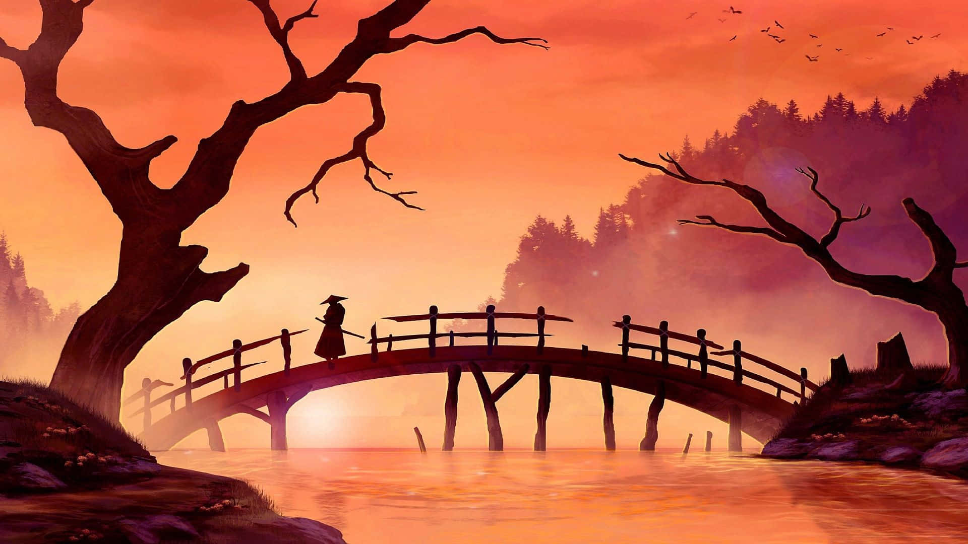 Samurai Landscape 桌布 壁紙 — 一位孤獨的武士在日落時分走過木橋，背景是光禿的樹木和橙紅色的天空。