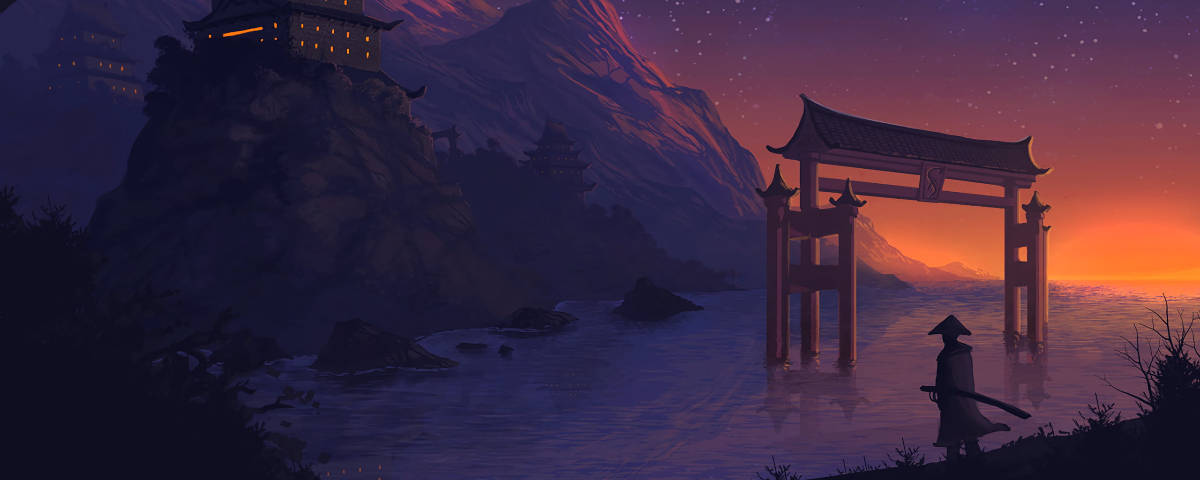 黃昏時分鳥居前的武士，背景有山脈和寺廟 — 武士動畫 壁紙