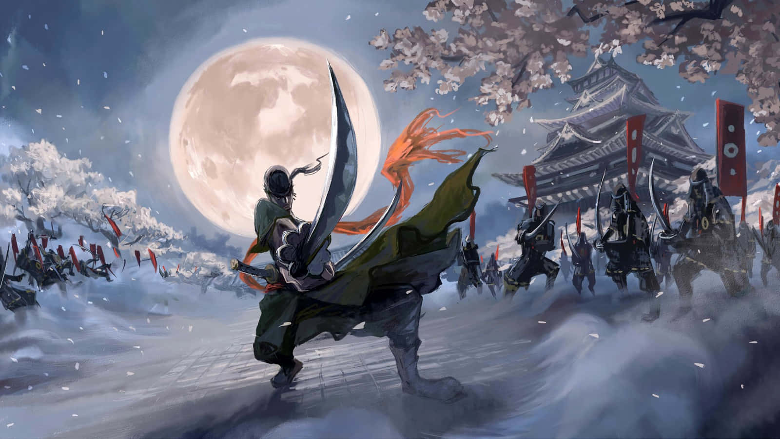 動漫戰鬥 桌布 壁紙 — 一位孤獨的武士戰士在滿月下揮舞著發光的劍衝鋒，櫻花飄落在雪地戰場上，敵軍正在前進。