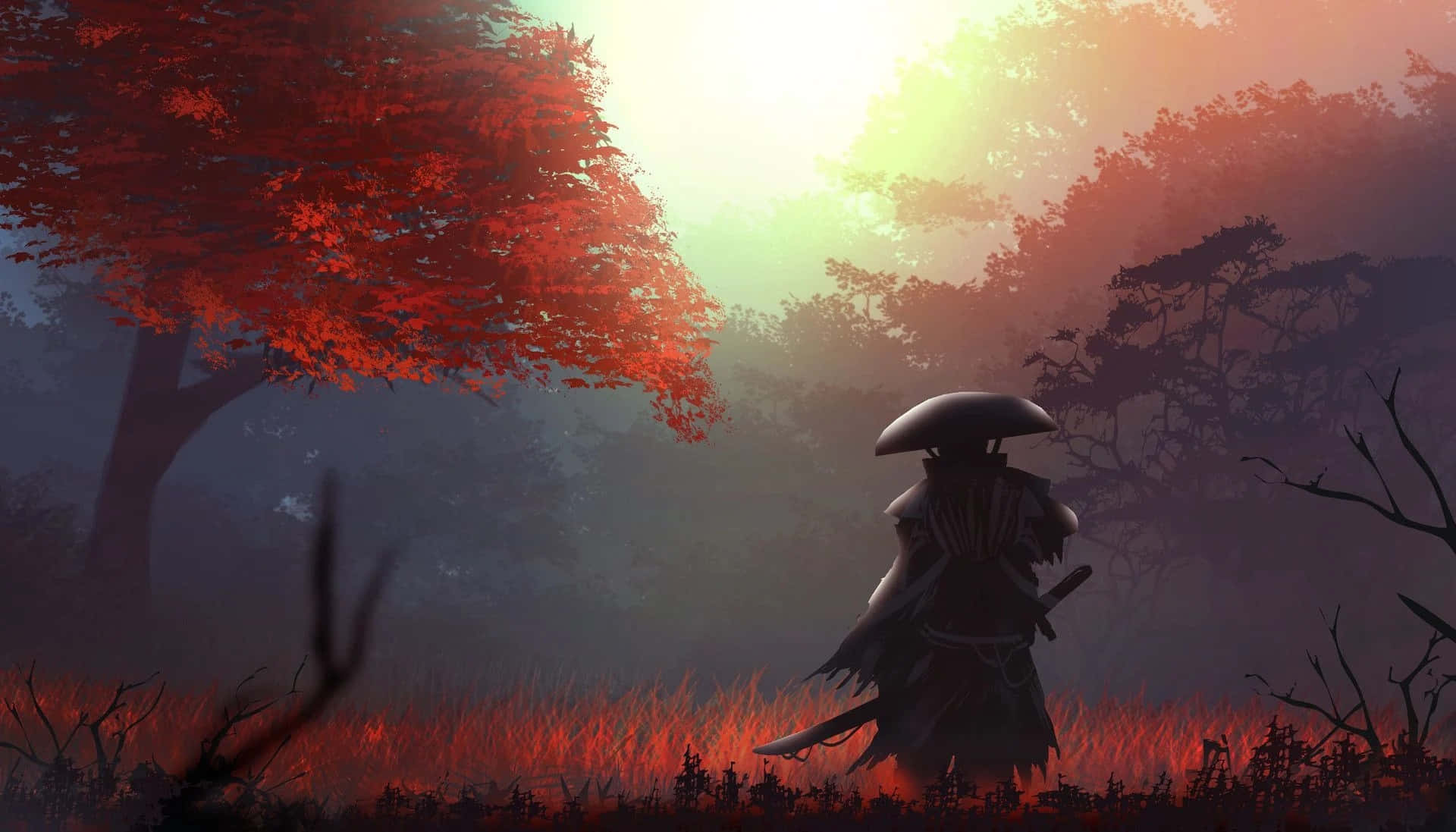 Samurai Garden 桌布 壁紙 — 一位孤獨的武士戰士手持劍，在霧氣瀰漫的秋日森林中，在燦爛的夕陽下行走。