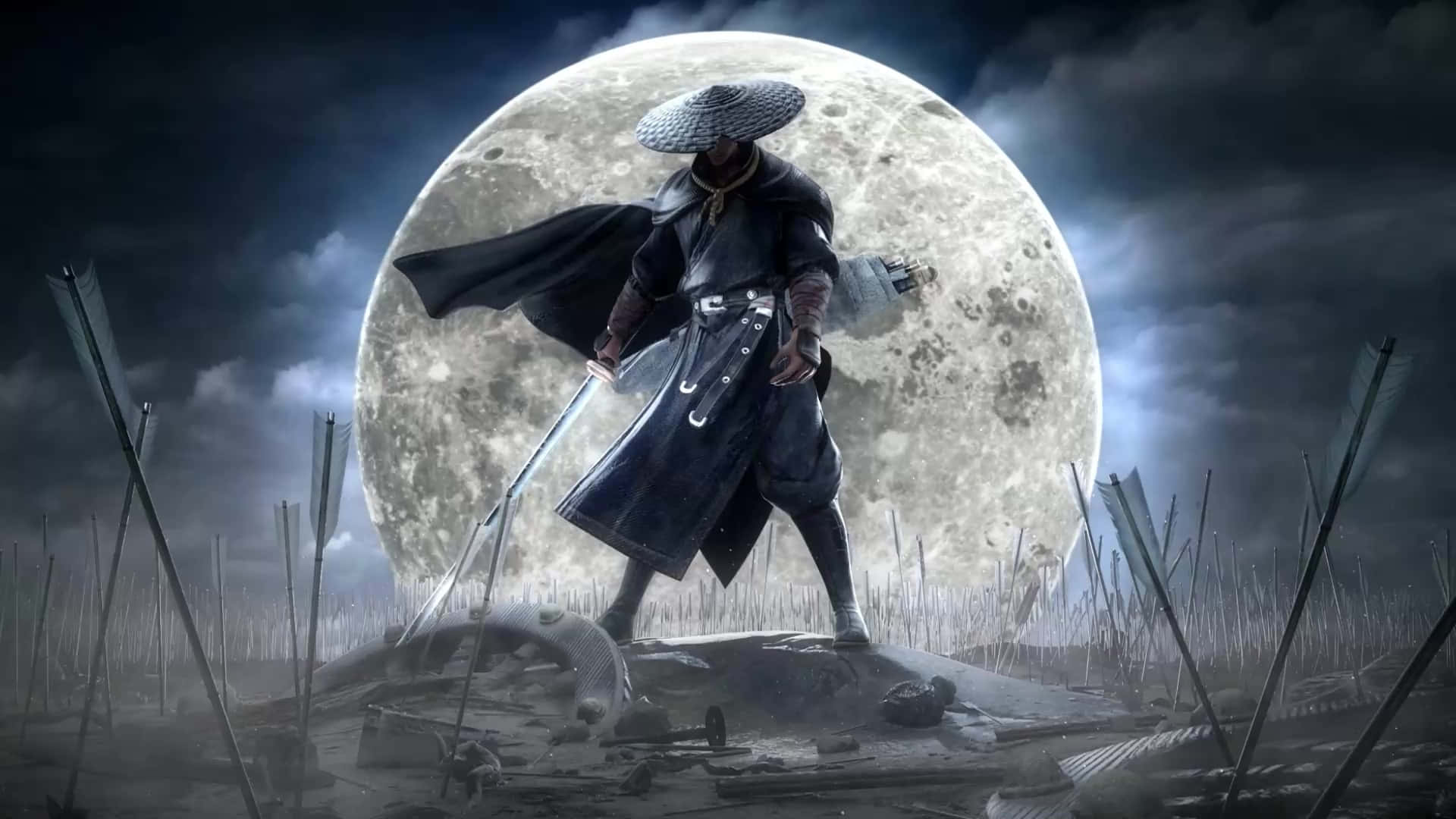 Battlefield 桌布 壁紙 — 一位孤獨的武士戰士站在戰場上，頭頂一輪巨大的滿月，手持劍，周圍的地上插滿了箭。