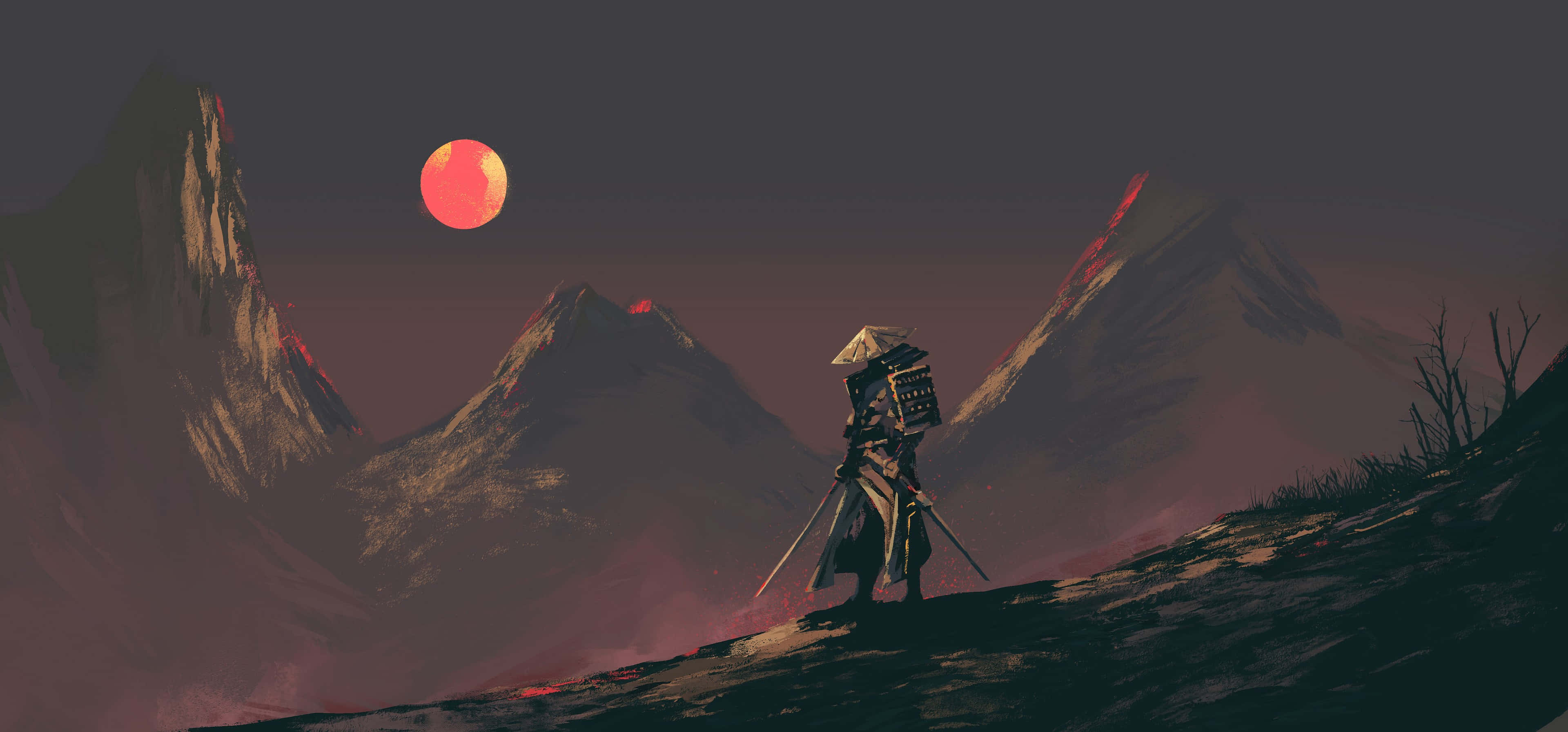 Samurai Landscape 桌布 壁紙 — 一位孤獨的武士戰士站在暮色中的山脊上，背景是赤紅的夕陽和鋸齒狀的山峰。