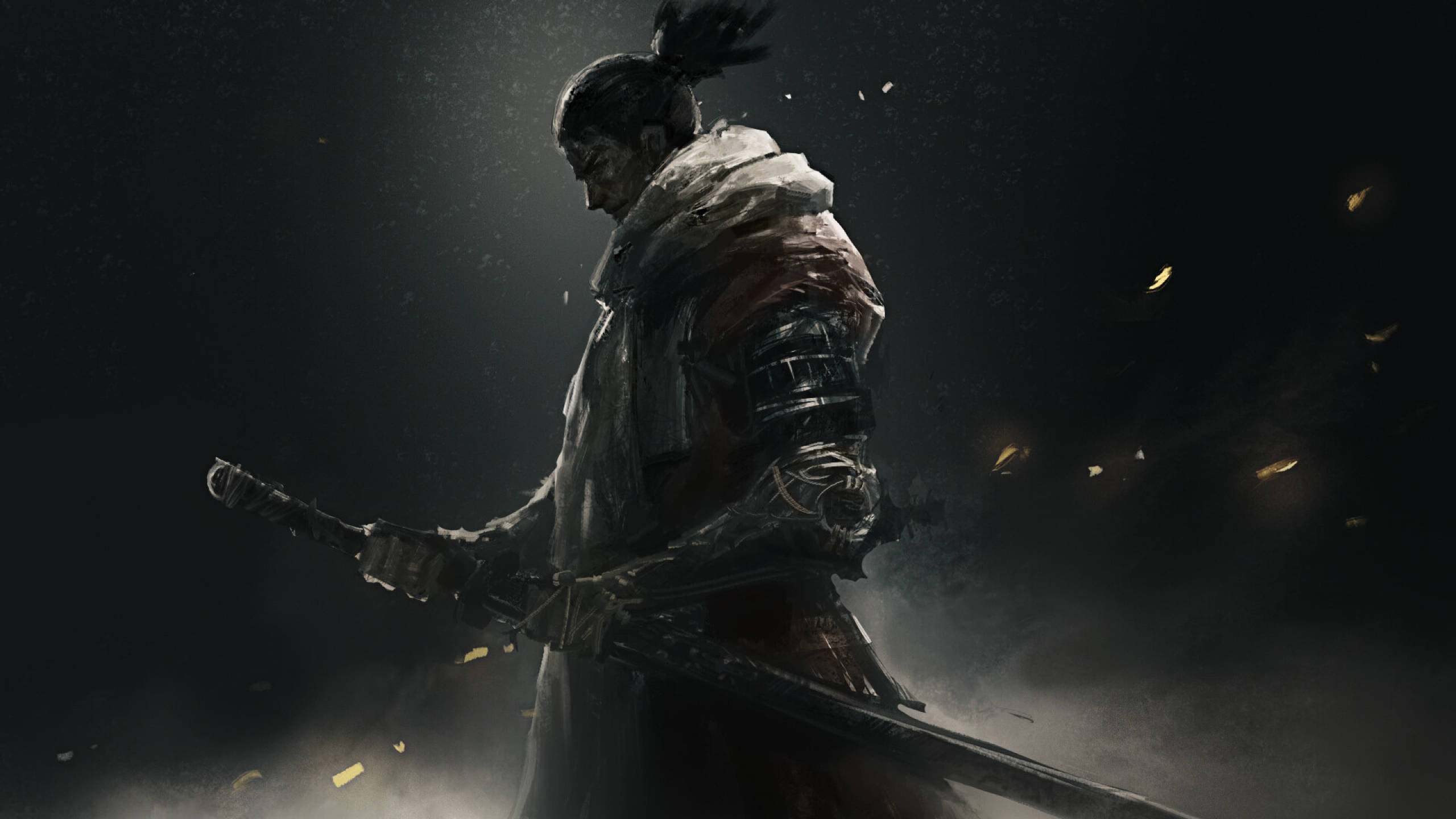 Sekiro 桌布 壁紙 — 一位孤獨的武士戰士站在陰影黑暗中，手持武士刀，發光的餘燼在他周圍飄散。