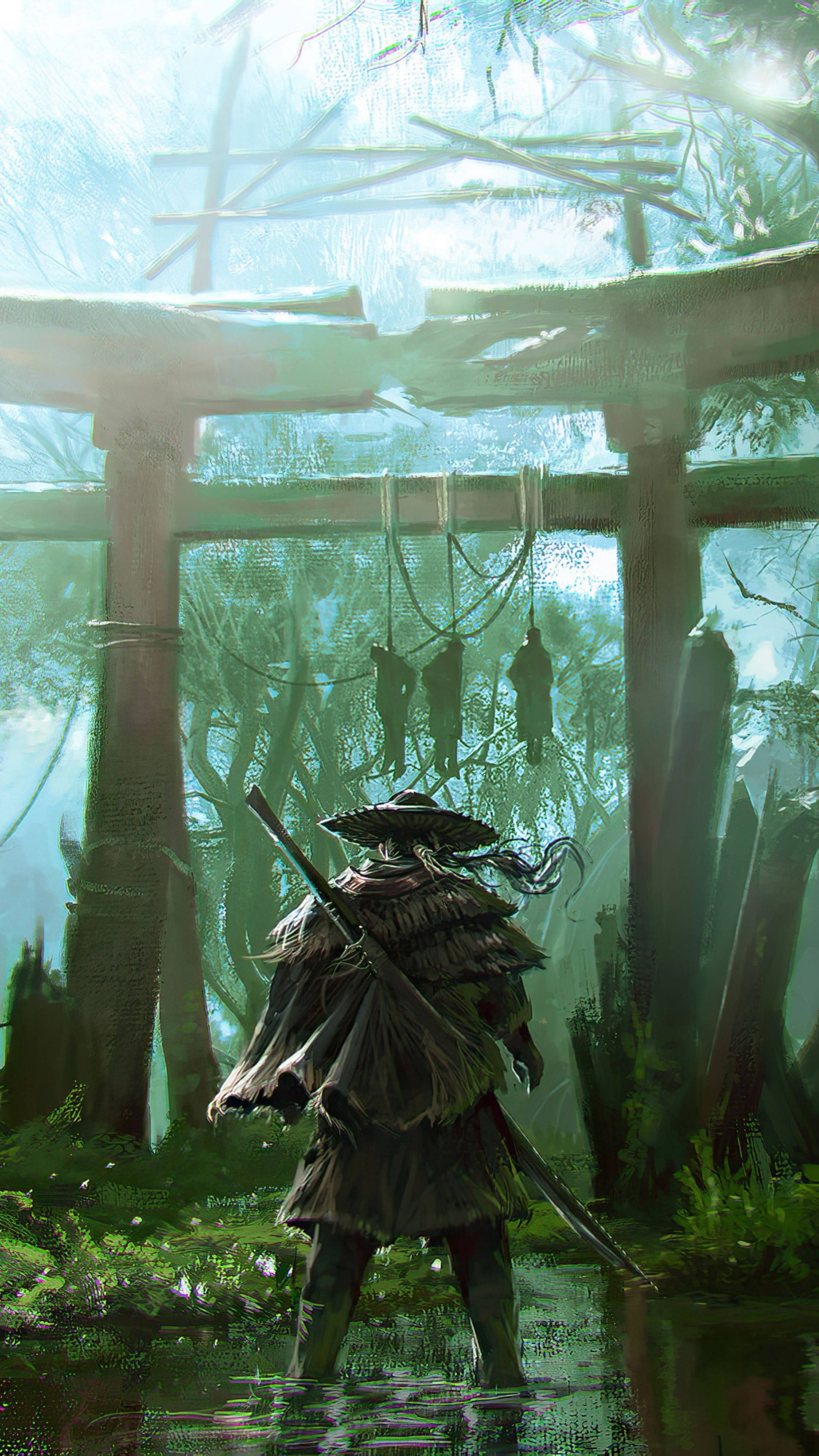 森林中鳥居下的武士戰士，帶有懸掛人影 — 武士動畫 壁紙