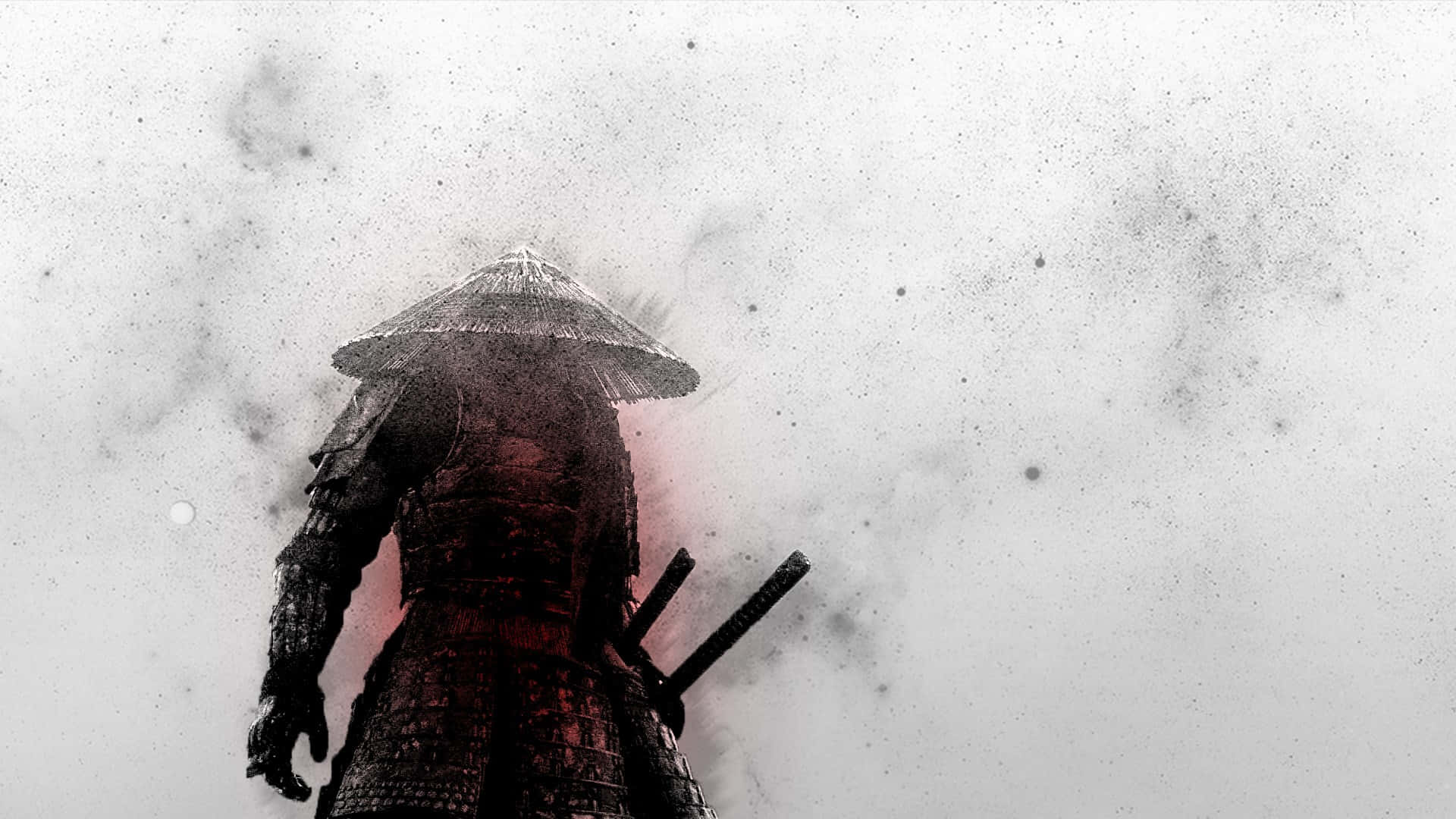 身穿暗色盔甲和草帽的武士戰士站在霧中，身後有紅光。 — 武士動畫 壁紙