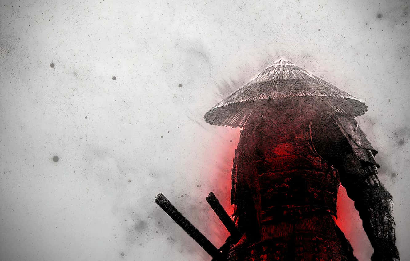 武士動畫 桌布 壁紙 — 一位孤獨的武士戰士身穿暗色盔甲和草帽，在發光的紅色背景下形成剪影，散發出寧靜的強烈感。