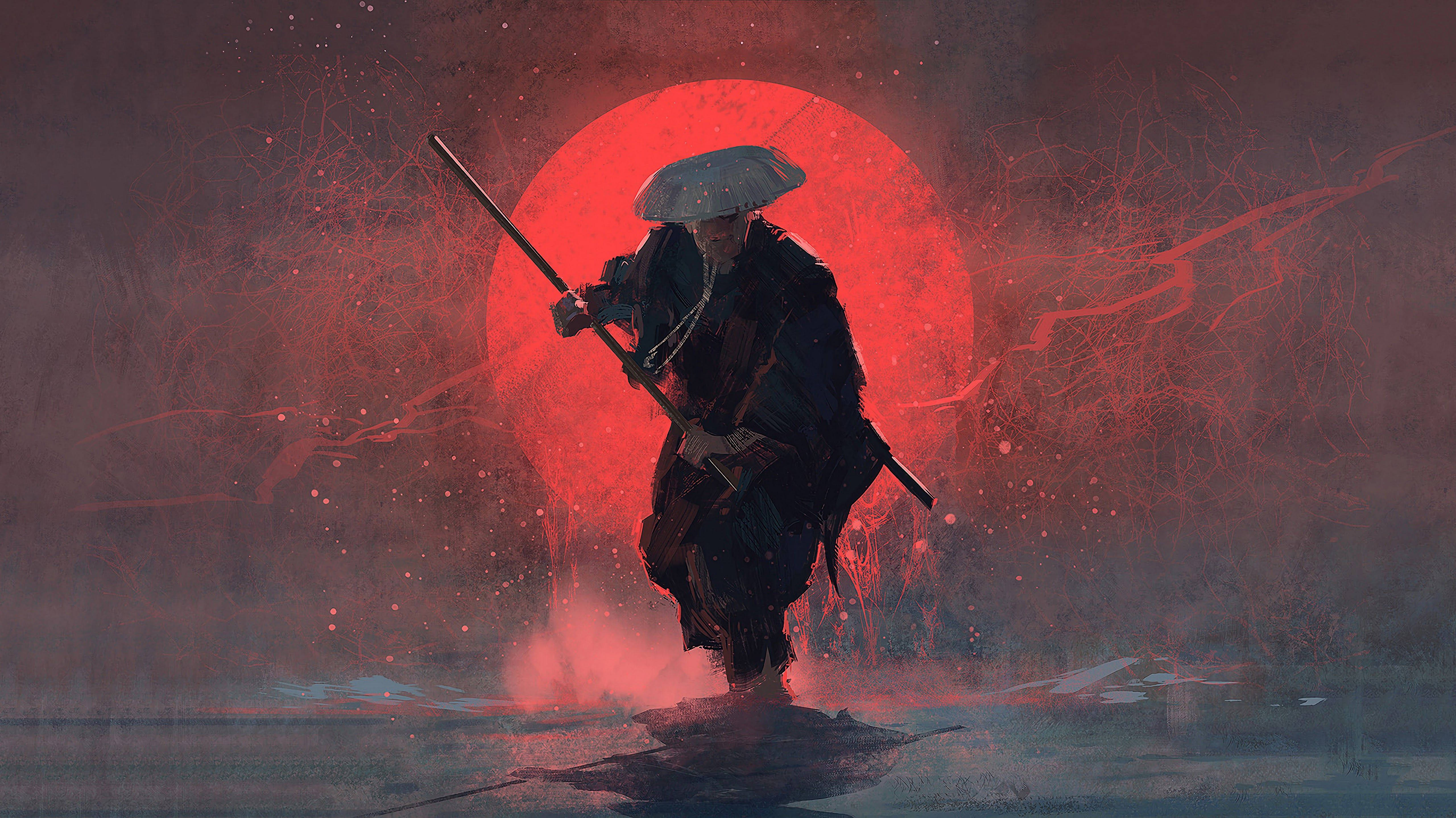 桌布 壁紙 — 一位孤獨的武士戰士身穿深色長袍和帽子，手持劍，以巨大的紅色太陽為背景，蓄勢待發。