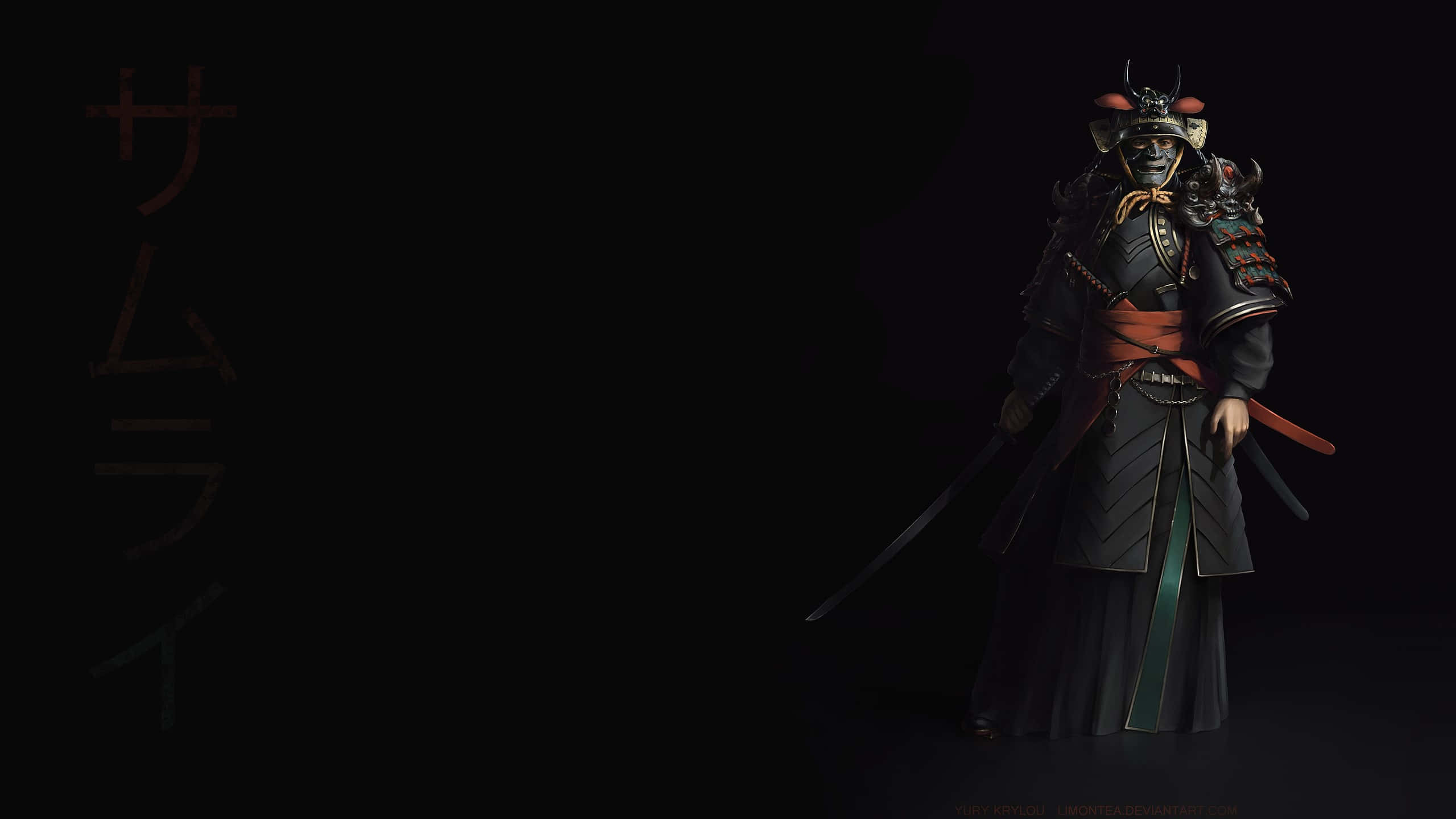 Black And White Samurai 桌布 壁紙 — 一位孤獨的武士戰士身穿華麗的暗色盔甲，在黑色背景前手持武士刀，背景上有日文字。
