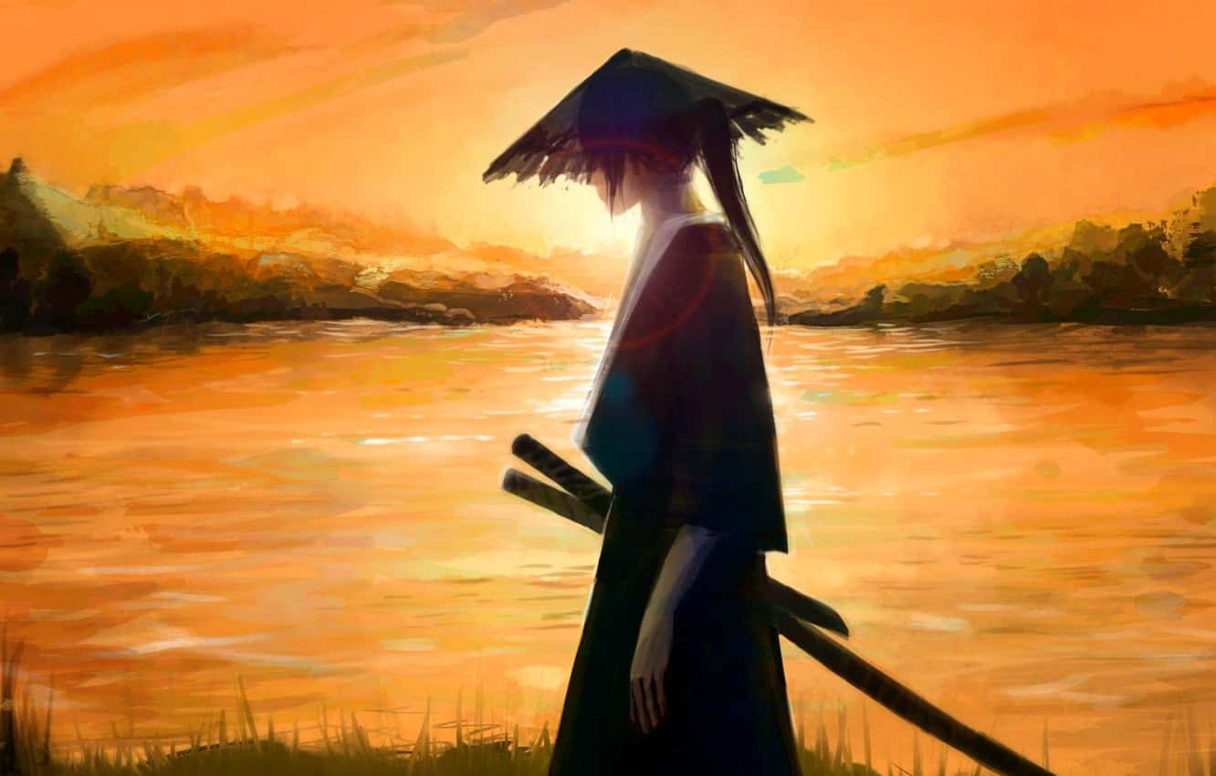 Samurai Art 桌布 壁紙 — 一位孤獨的武士穿著傳統服裝，在平靜的河邊以鮮豔的橙色日落為背景形成剪影。