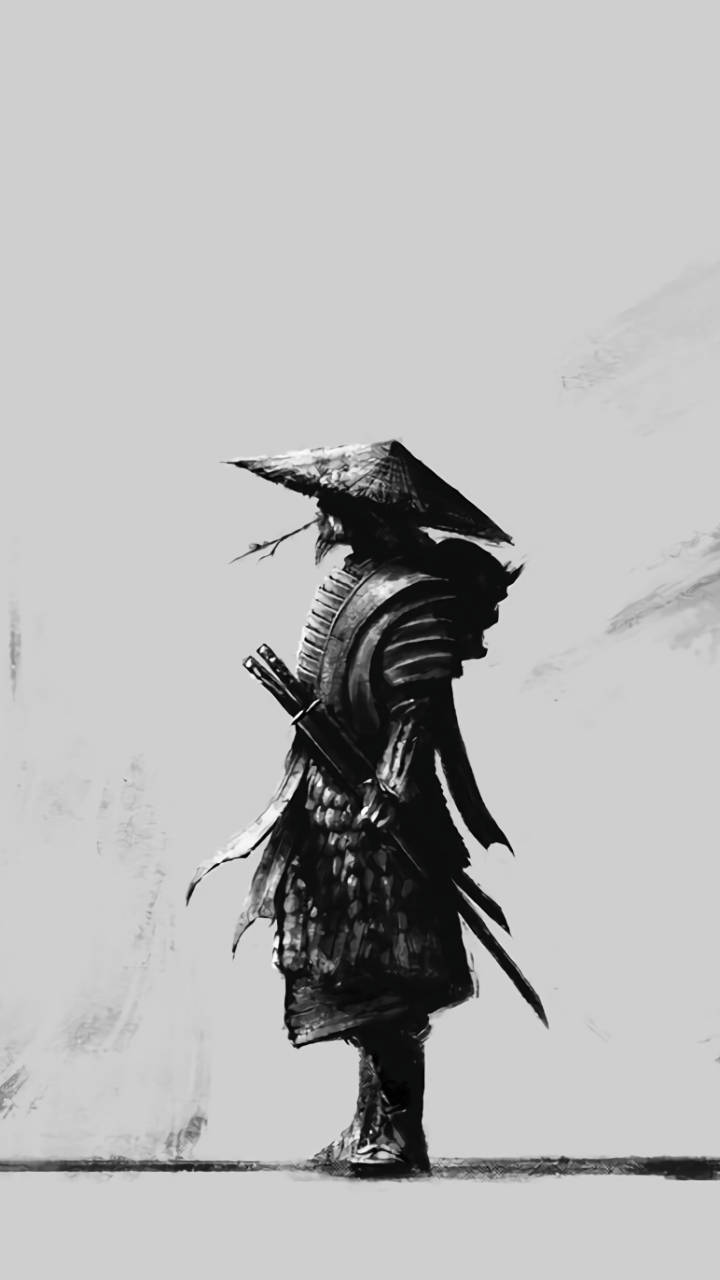 日本武士 桌布 壁紙 — 一位孤獨的武士穿著傳統盔甲和寬邊帽，以單色呈現，手持劍，背景為極簡紋理背景。