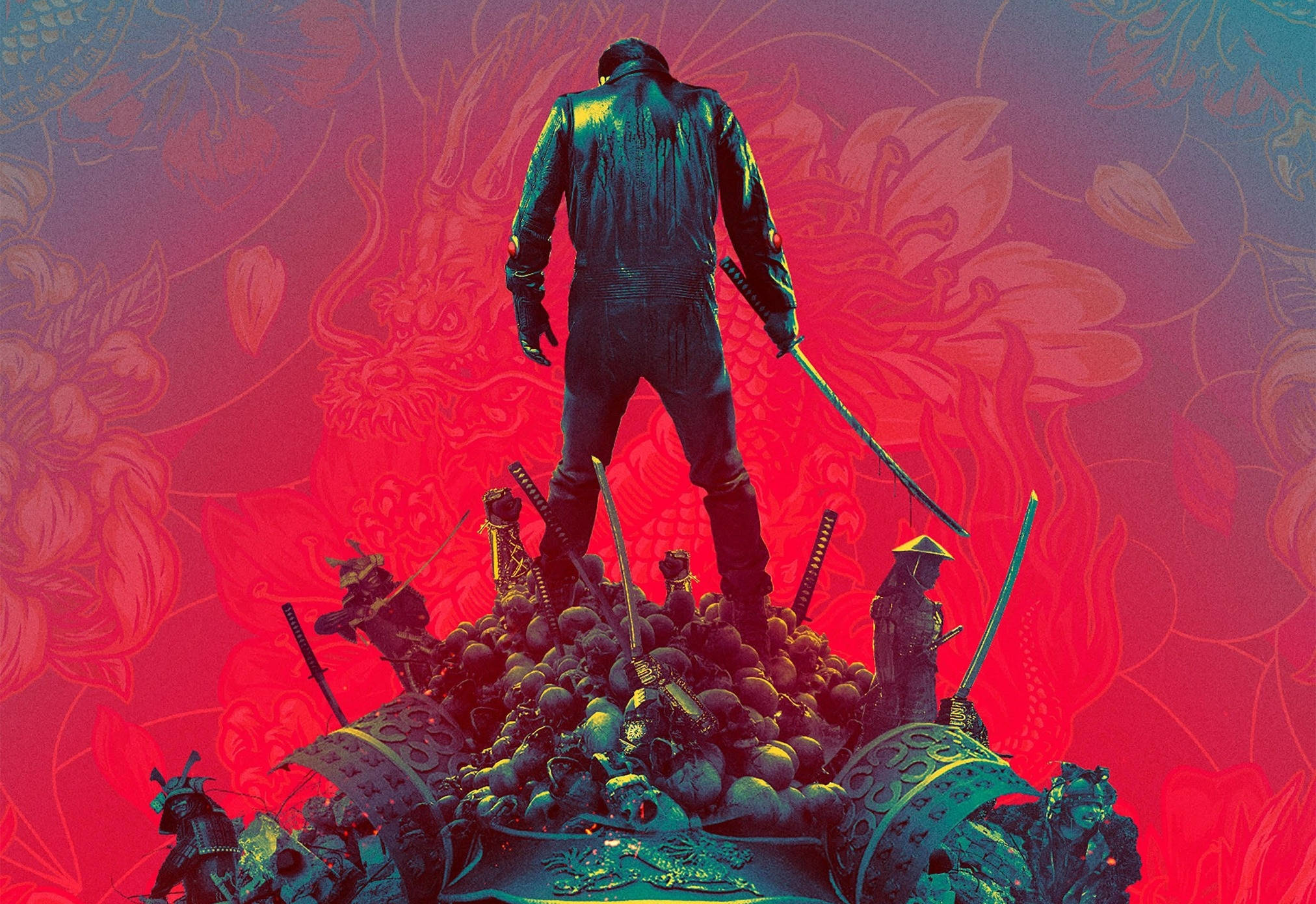 prisoners of the ghostland 桌布 壁紙 — 一位孤獨的武士站在一堆頭骨和劍之上，背景是火紅的花卉圖案。
