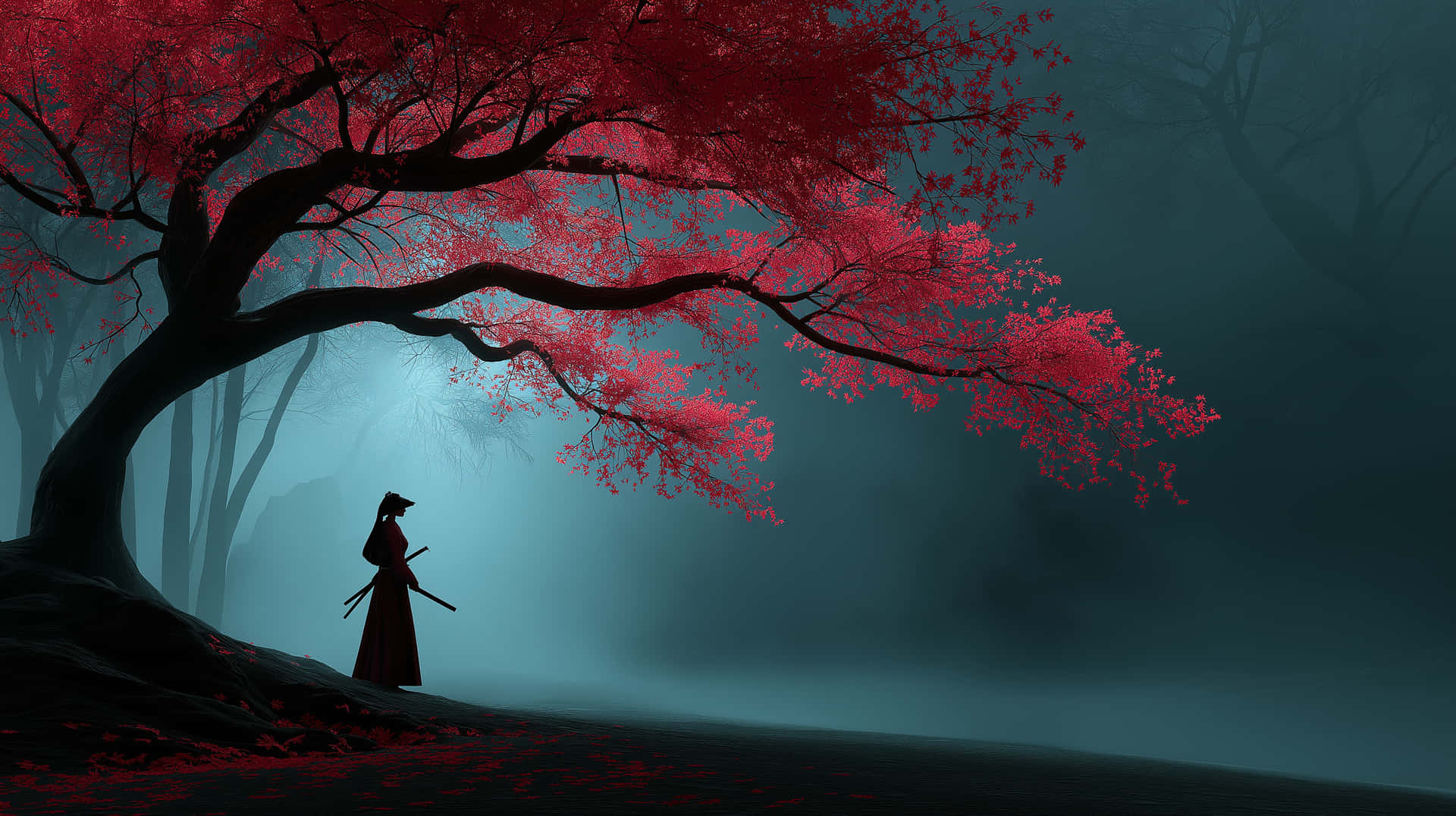 Mysterious Samurai Figure Under Ancient Blossom Tree 壁紙 — 一位孤獨的武士站在一棵鮮紅色的櫻花樹下，在黃昏時分，樹木在霧氣瀰漫的藍綠色森林中閃耀。