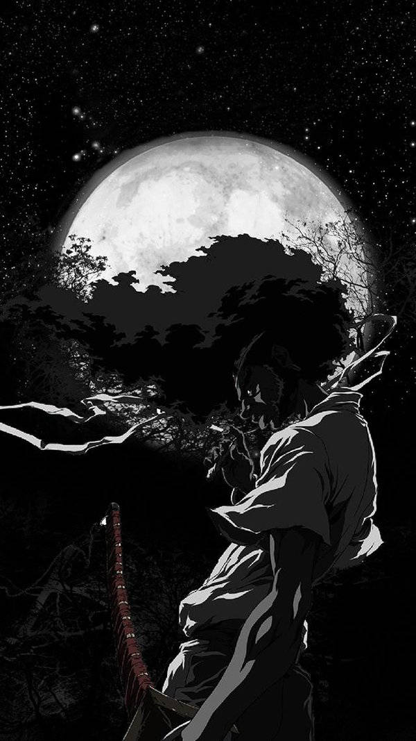 Hunter X Hunter iPhone 桌布 壁紙 — 一位孤獨的武士站在巨大的月光天空下，手持武士刀，上方星光閃爍。