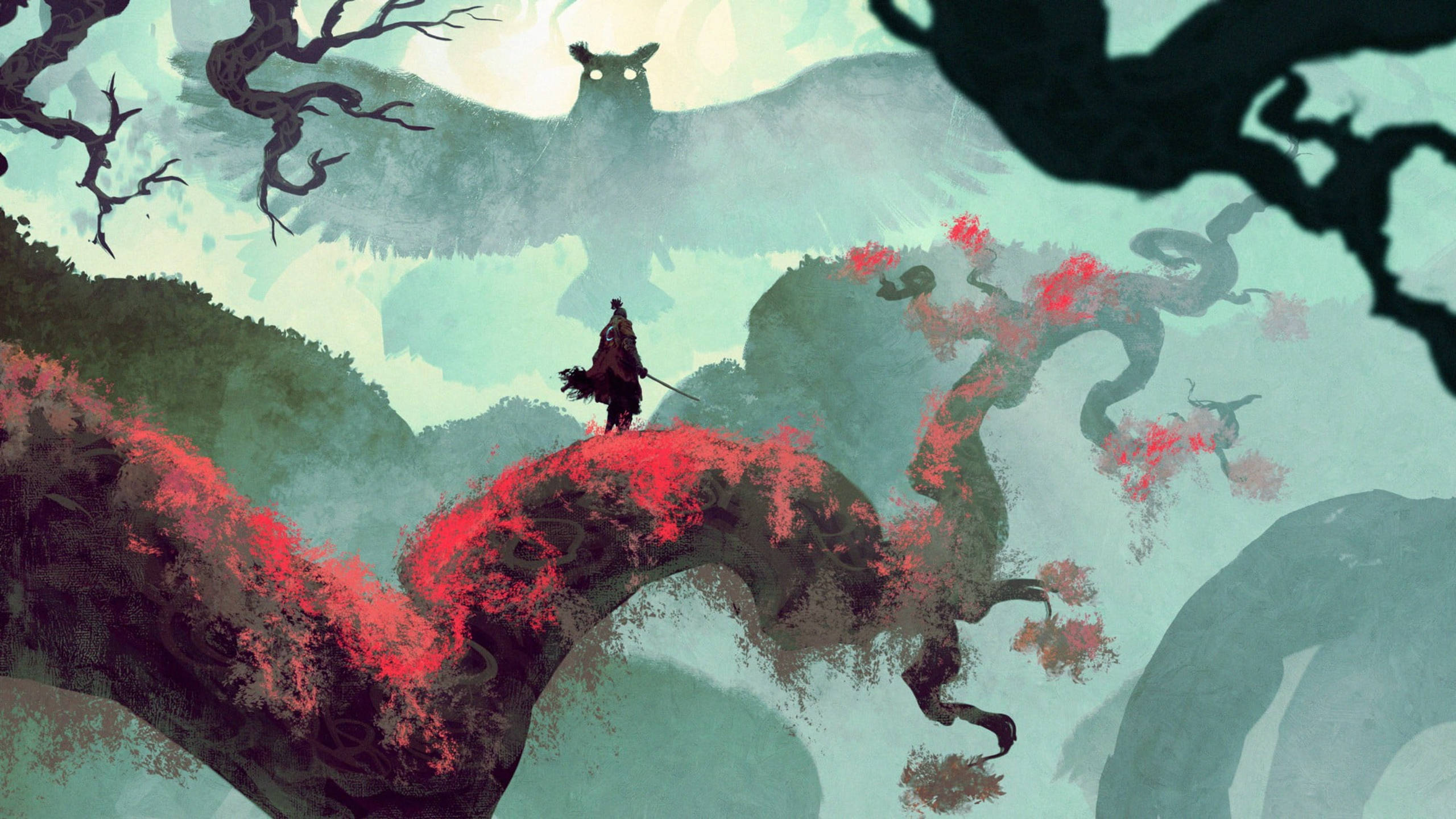 Sekiro 桌布 壁紙 — 一位孤獨的武士站在深紅色的樹枝上，天空迷濛，一隻巨大的貓頭鷹從上方注視著。