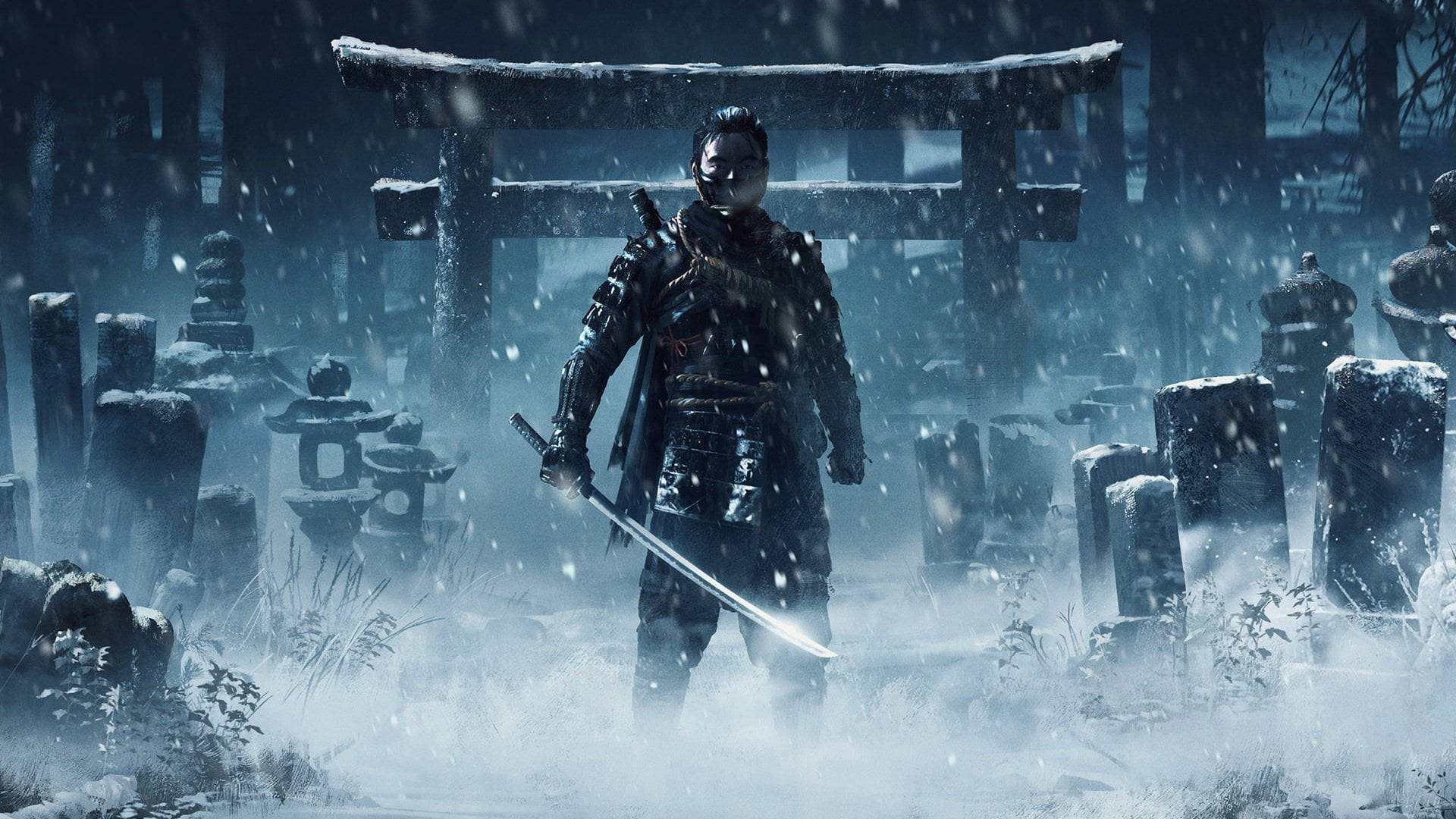 武士動畫 桌布 壁紙 — 一位孤獨的武士站在雪地墓地中，鳥居下，雪花落在石燈籠和墓碑周圍。