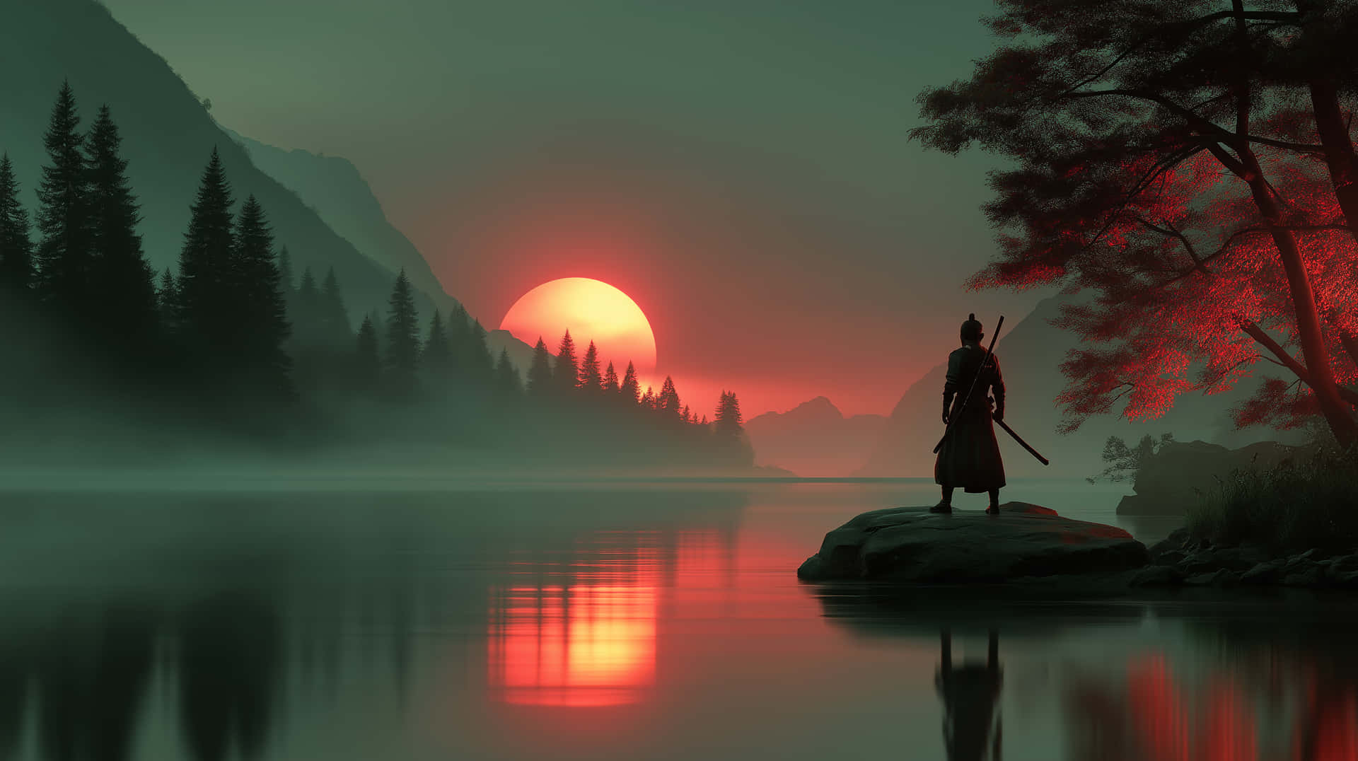 Samurai Silhouette at Sunset Over a Misty Lake Landscape 壁紙 — 一位孤獨的武士站在霧氣瀰漫的湖邊岩石上，一輪發光的紅日正在樹木繁茂的山巒後落下。