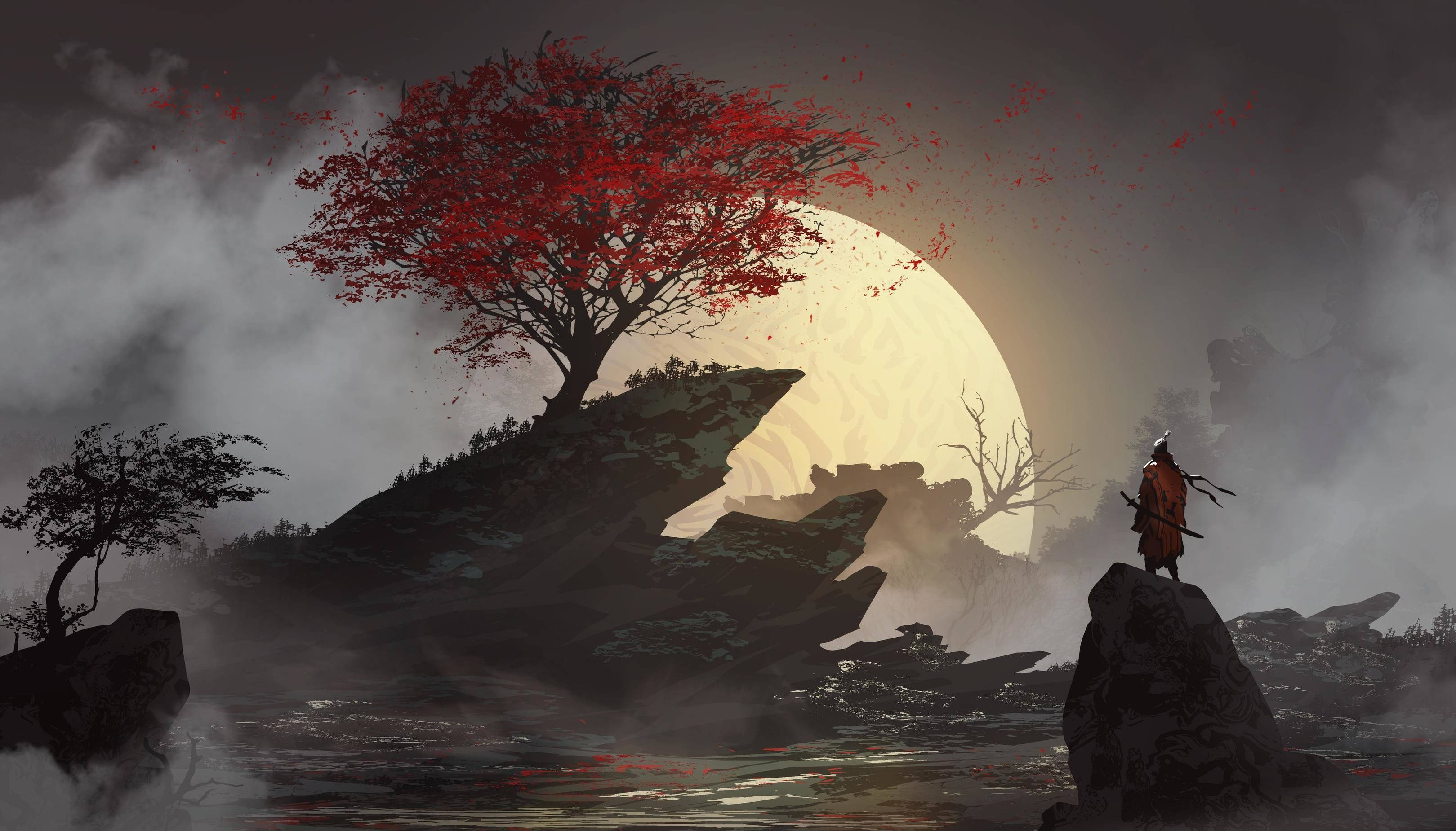 Seppuku 桌布 壁紙 — 一位孤獨的武士站在霧氣籠罩的岩石上，凝視著一棵鮮紅楓樹後方巨大的發光月亮。