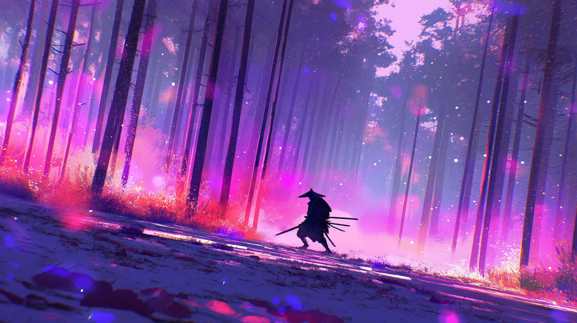 Solitary Samurai in a Vivid, Glowing Fantasy Forest Scene 壁紙 — 一位孤獨的武士走過神秘的森林，沐浴在粉紅色和紫色的光芒中，漂浮著粒子。