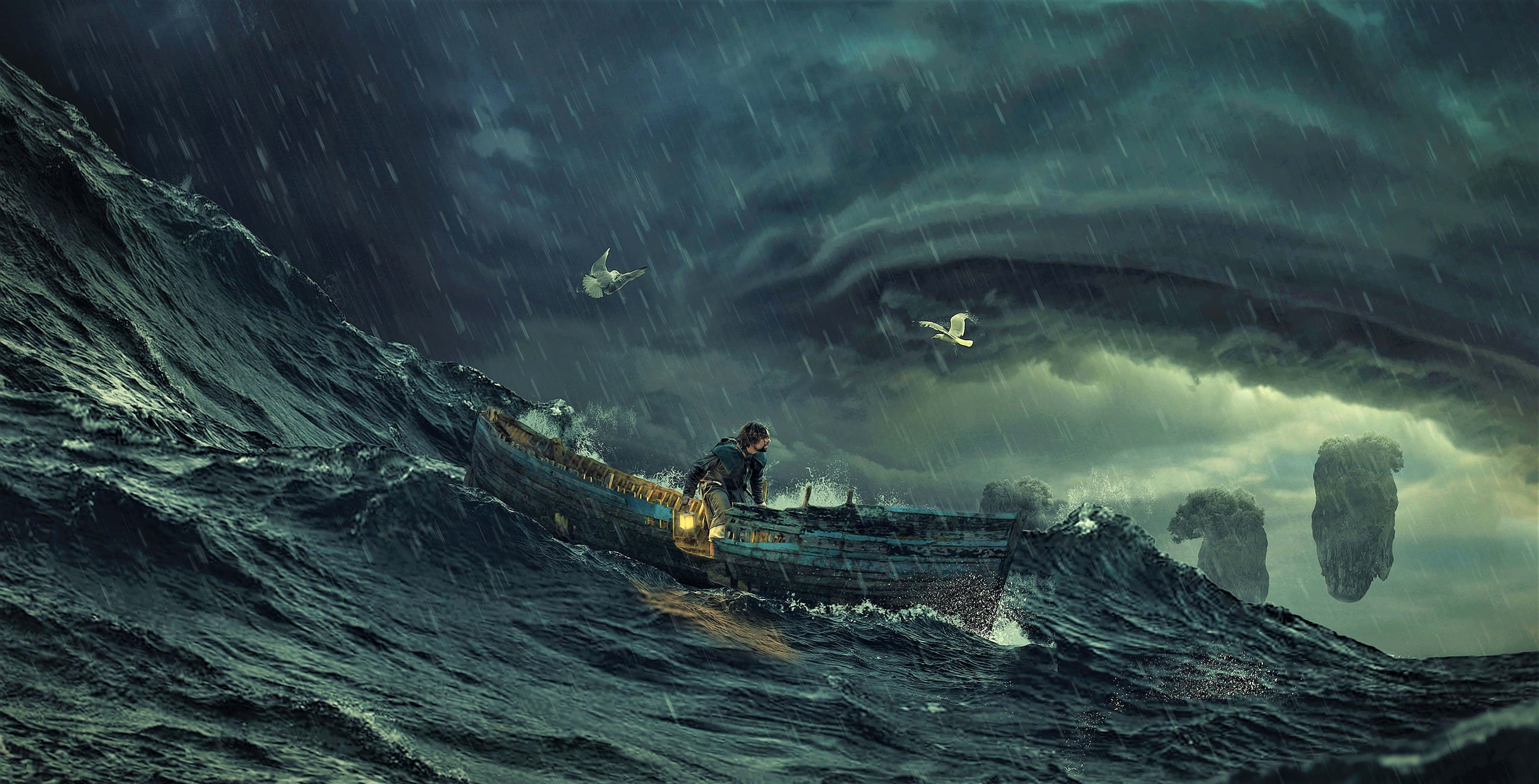 Ocean Storm 桌布 壁紙 — 一位孤獨的水手在暴風雨的天空下，駕駛小船與滔天巨浪搏鬥，周圍有浮島和海鷗。